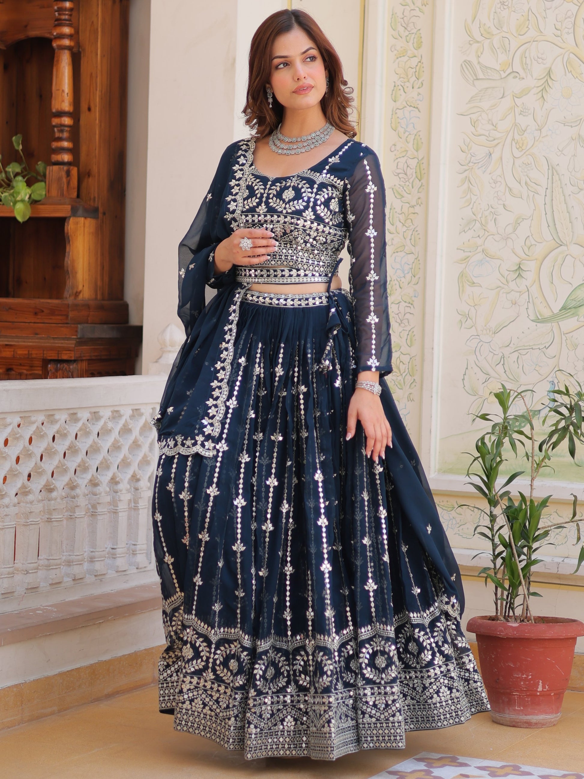 Alluring Navy Blue Sequins Georgette Wedding Wear Lehenga Choli