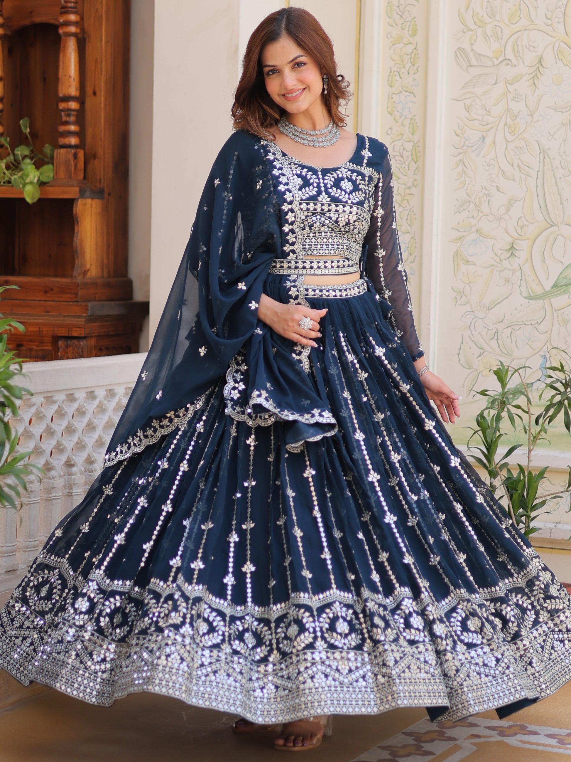 Alluring Navy Blue Sequins Georgette Wedding Wear Lehenga Choli