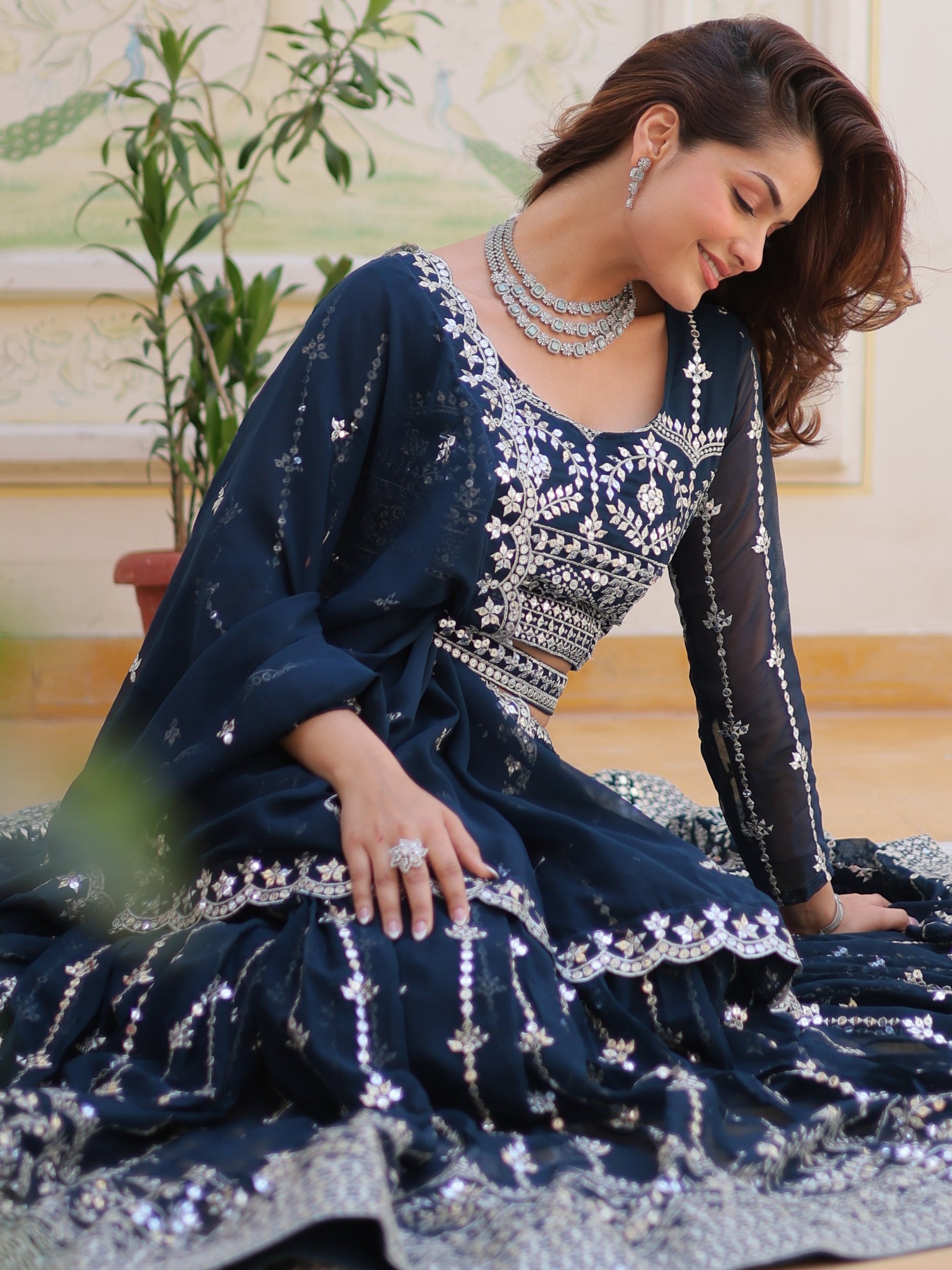 Alluring Navy Blue Sequins Georgette Wedding Wear Lehenga Choli