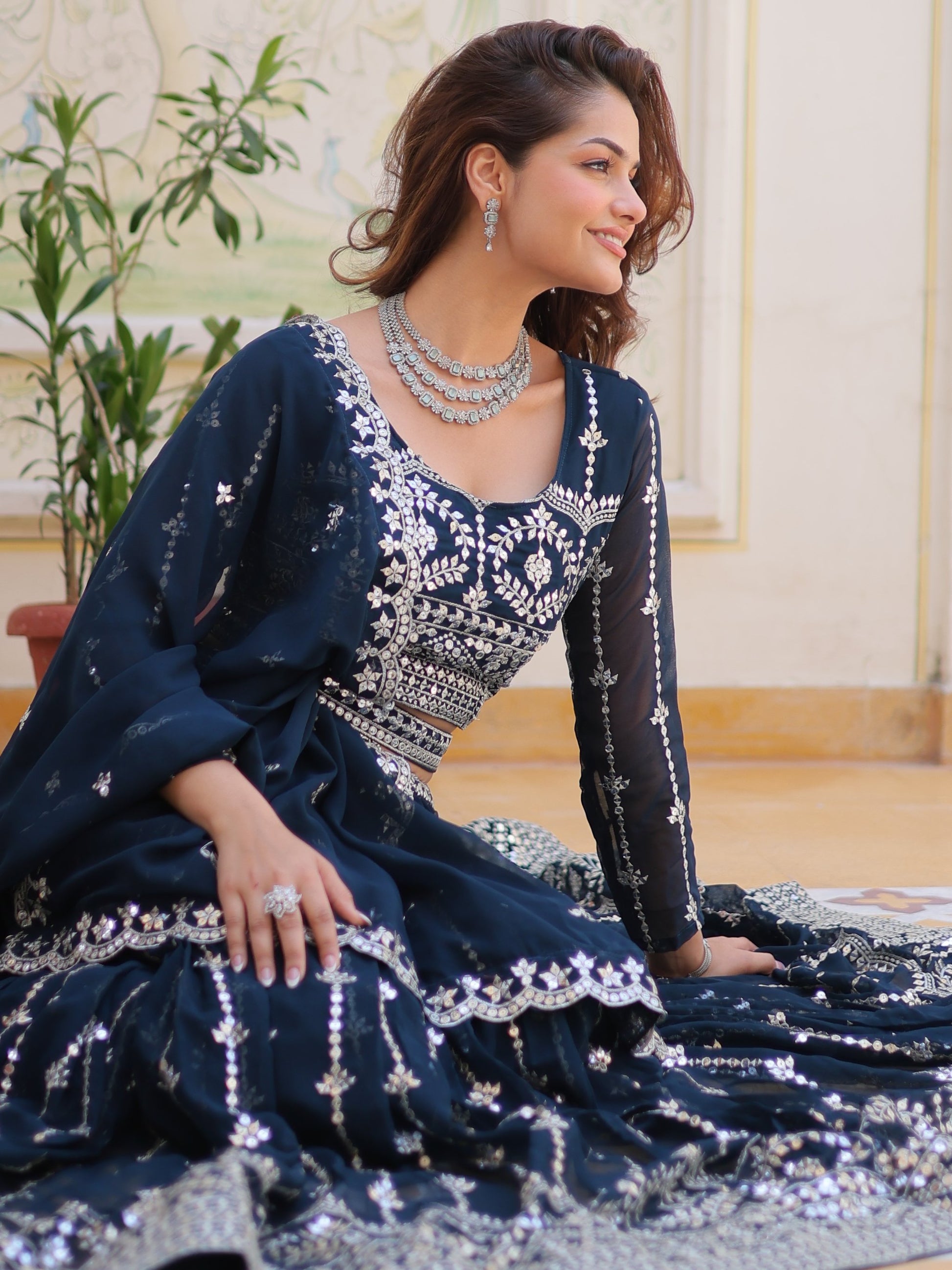 Alluring Navy Blue Sequins Georgette Wedding Wear Lehenga Choli