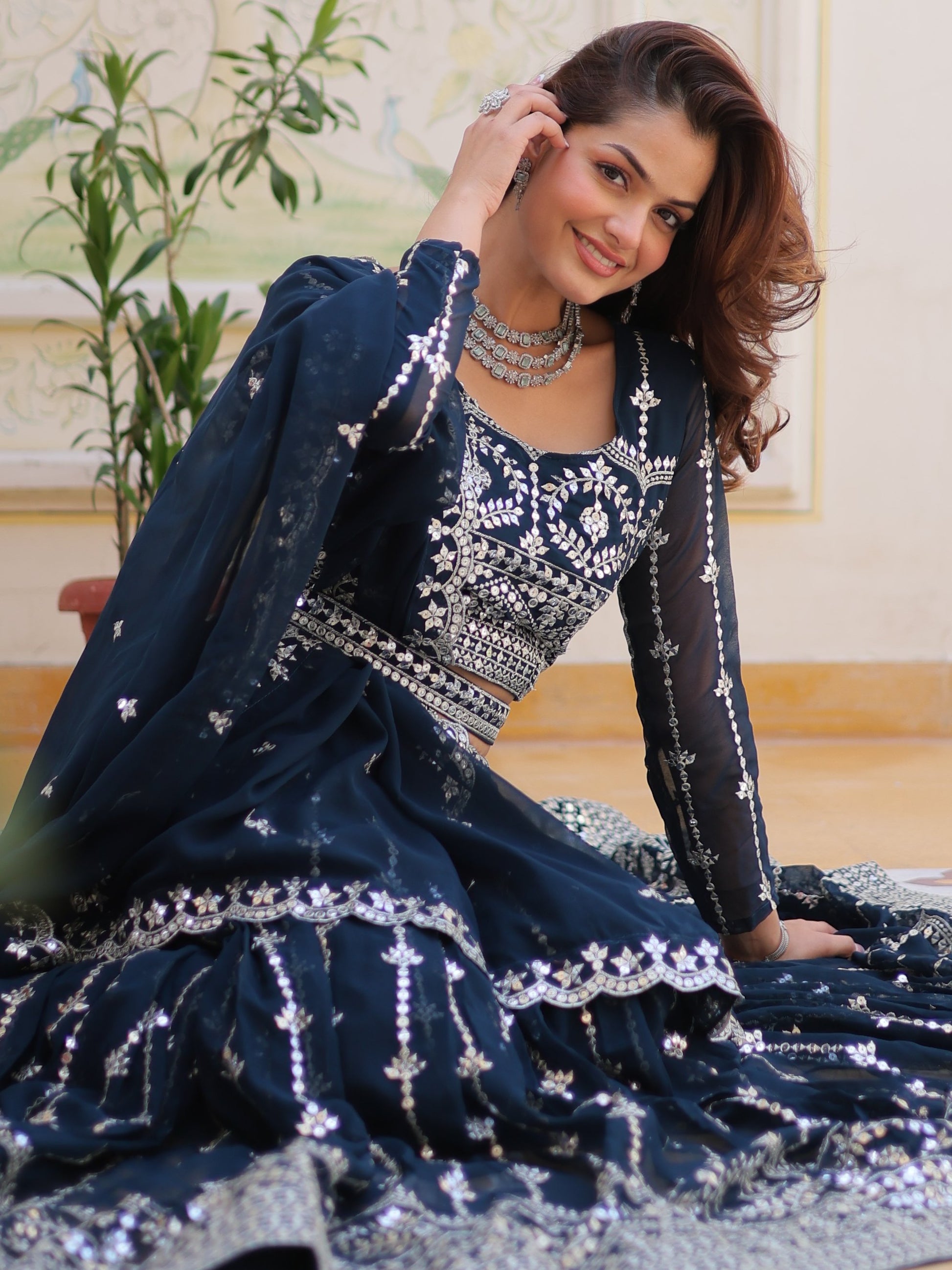 Alluring Navy Blue Sequins Georgette Wedding Wear Lehenga Choli