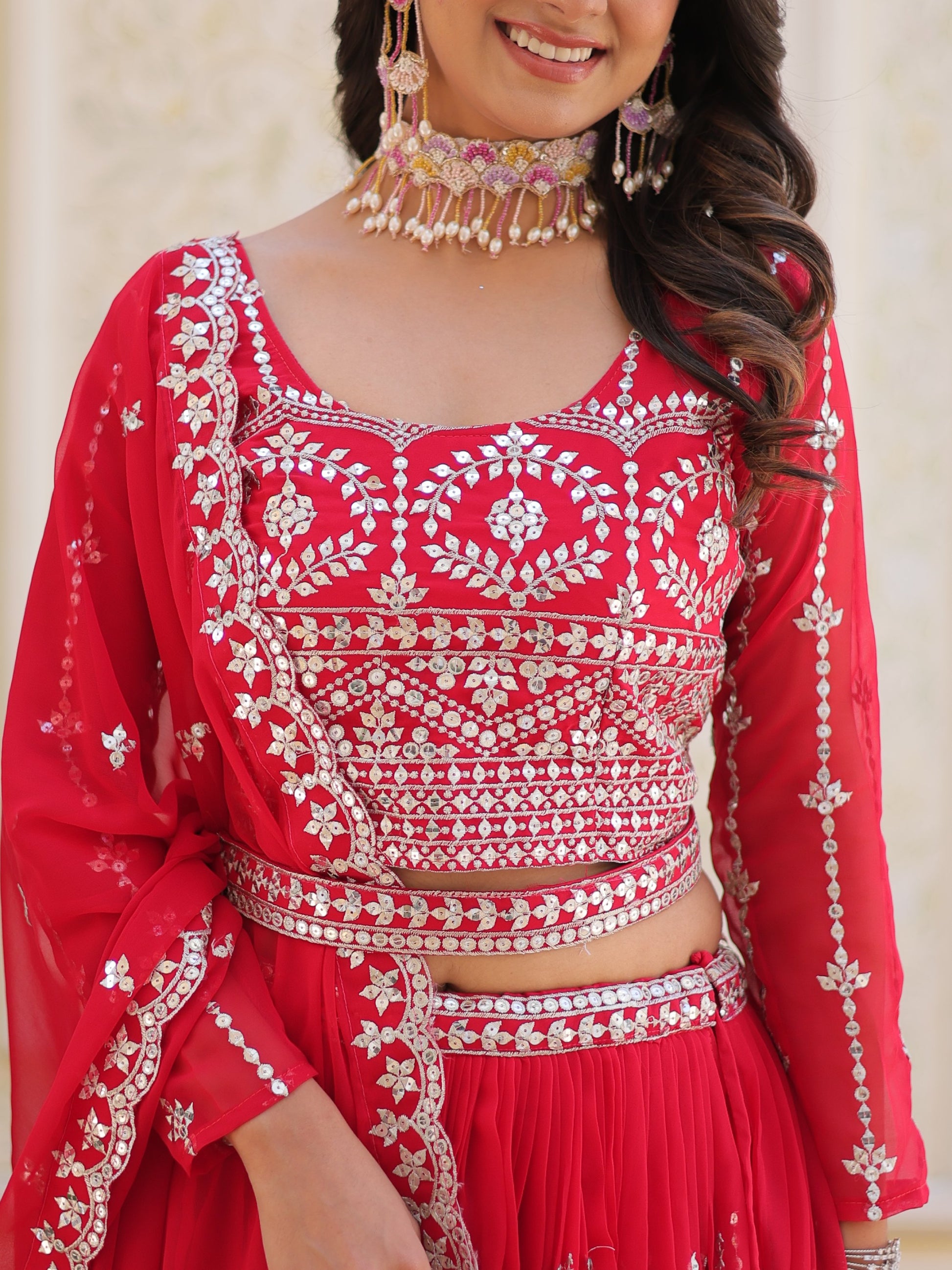 Fabulous Pink Sequins Georgette Party Wear Lehenga Choli With Dupatta