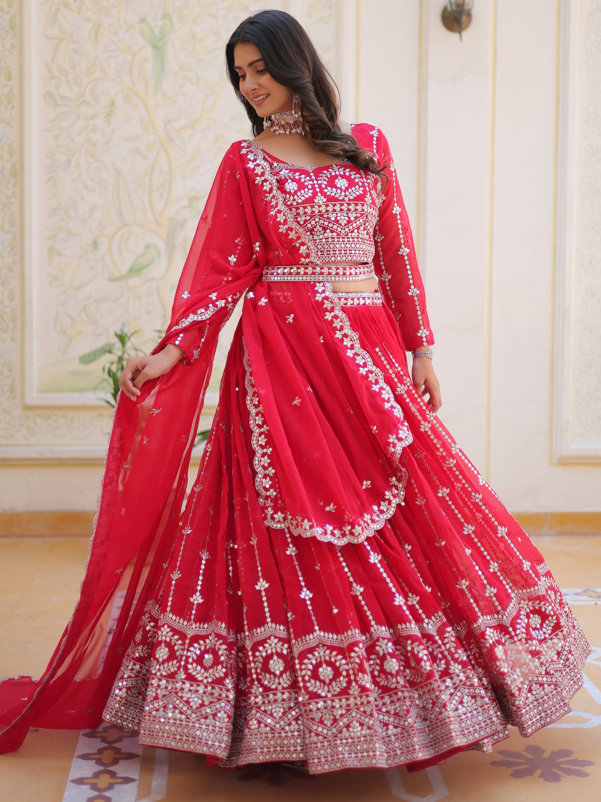 Fabulous Pink Sequins Georgette Party Wear Lehenga Choli With Dupatta