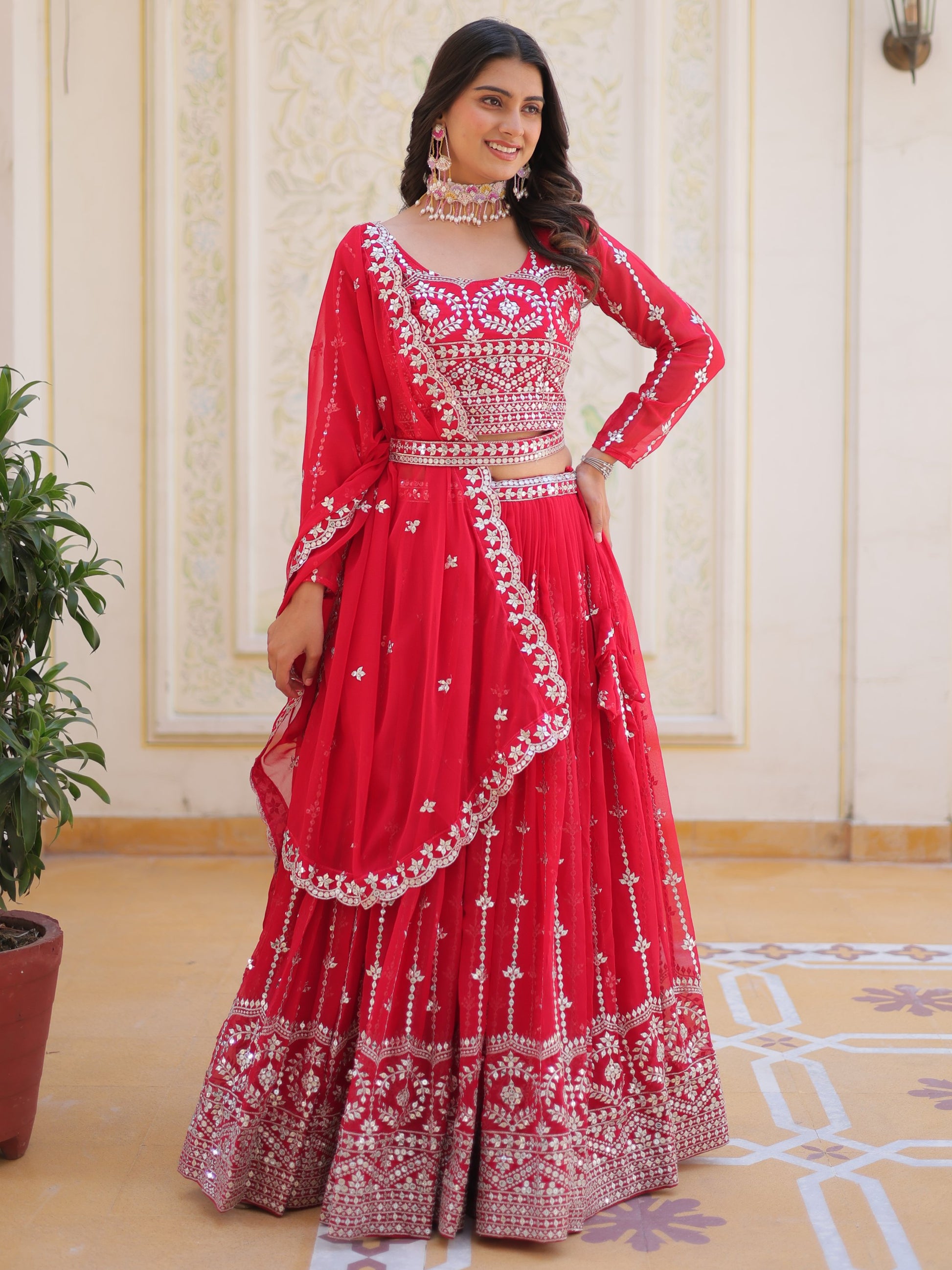 Fabulous Pink Sequins Georgette Party Wear Lehenga Choli With Dupatta