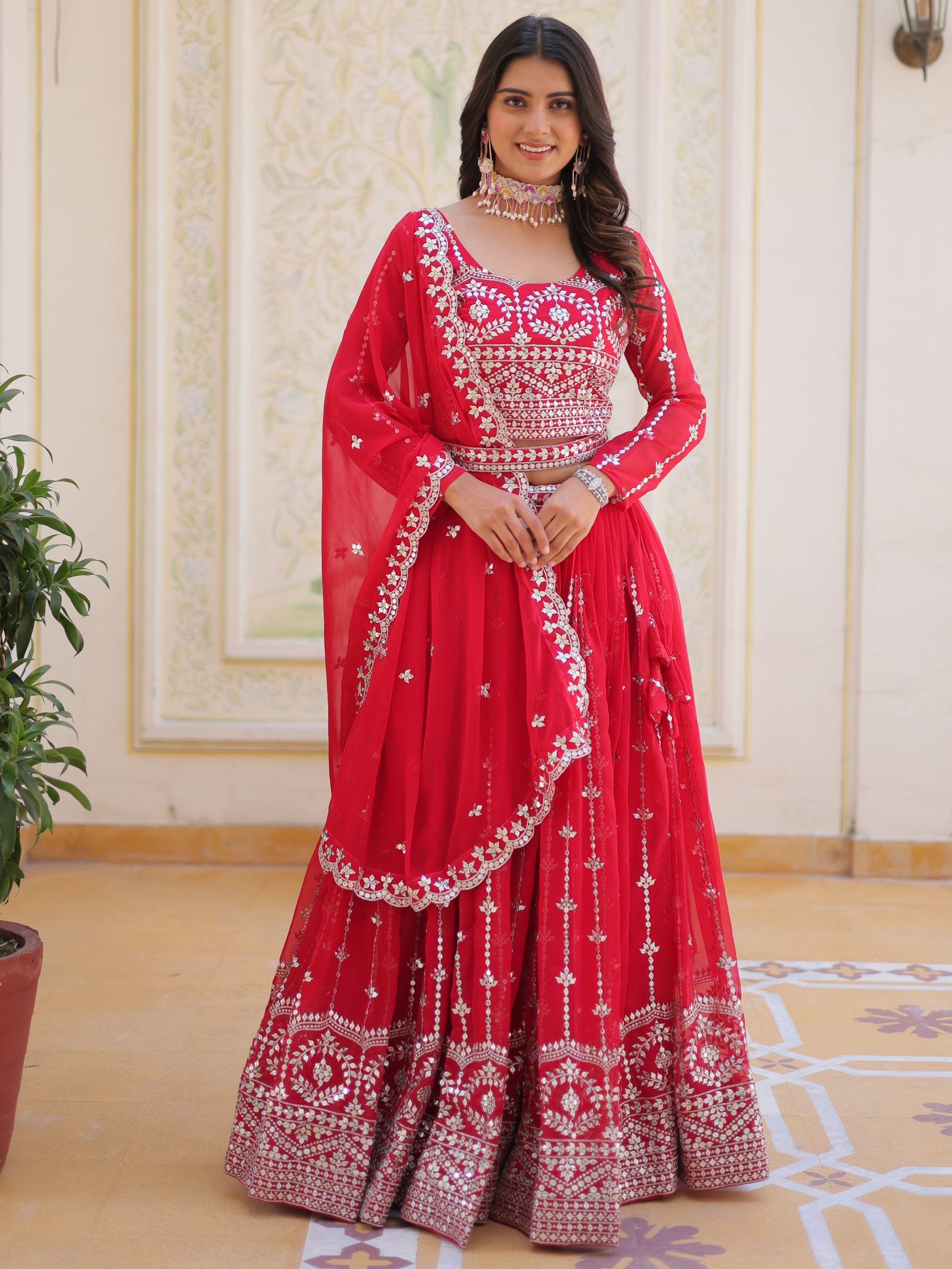 Fabulous Pink Sequins Georgette Party Wear Lehenga Choli With Dupatta