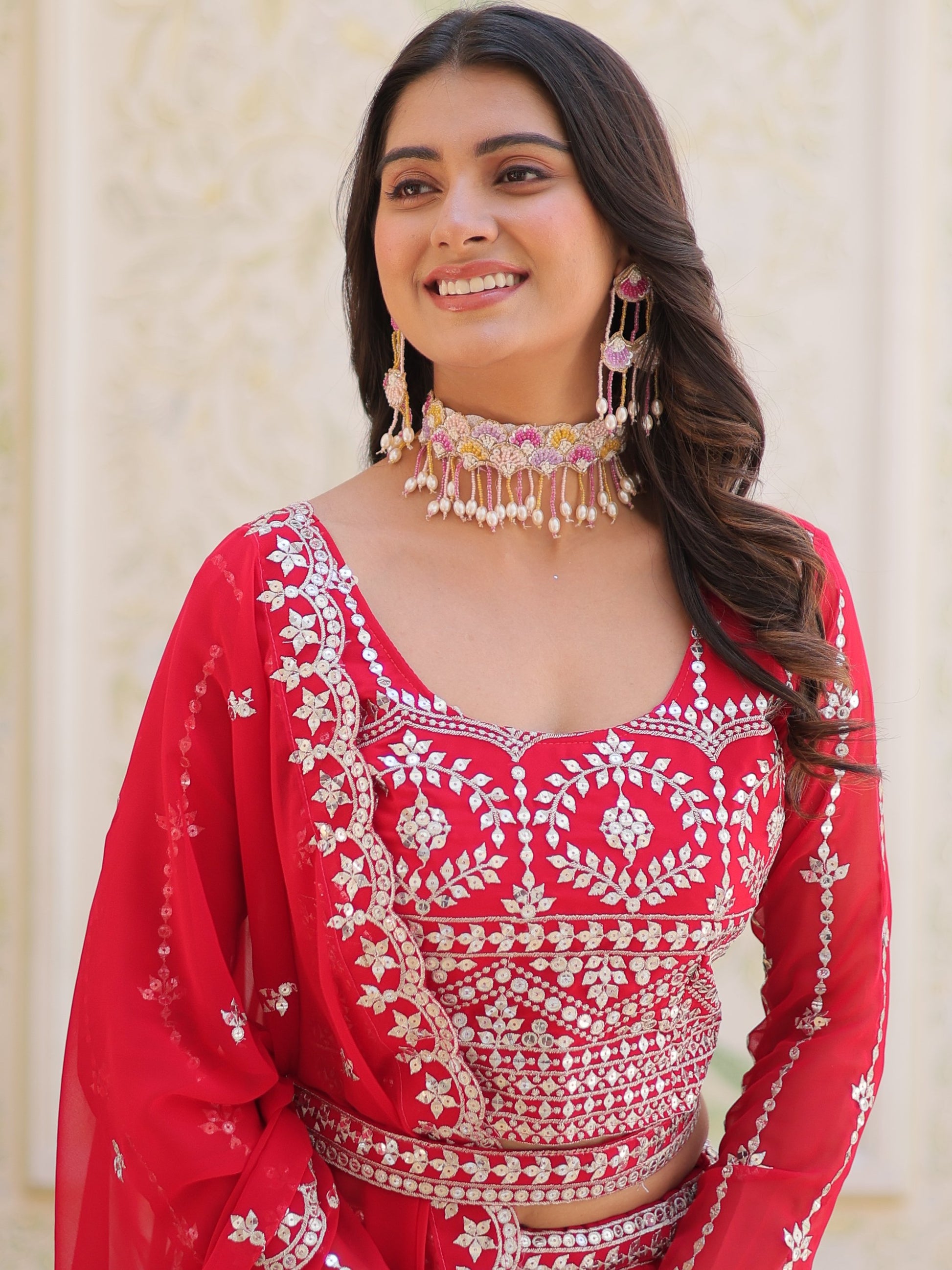 Fabulous Pink Sequins Georgette Party Wear Lehenga Choli With Dupatta
