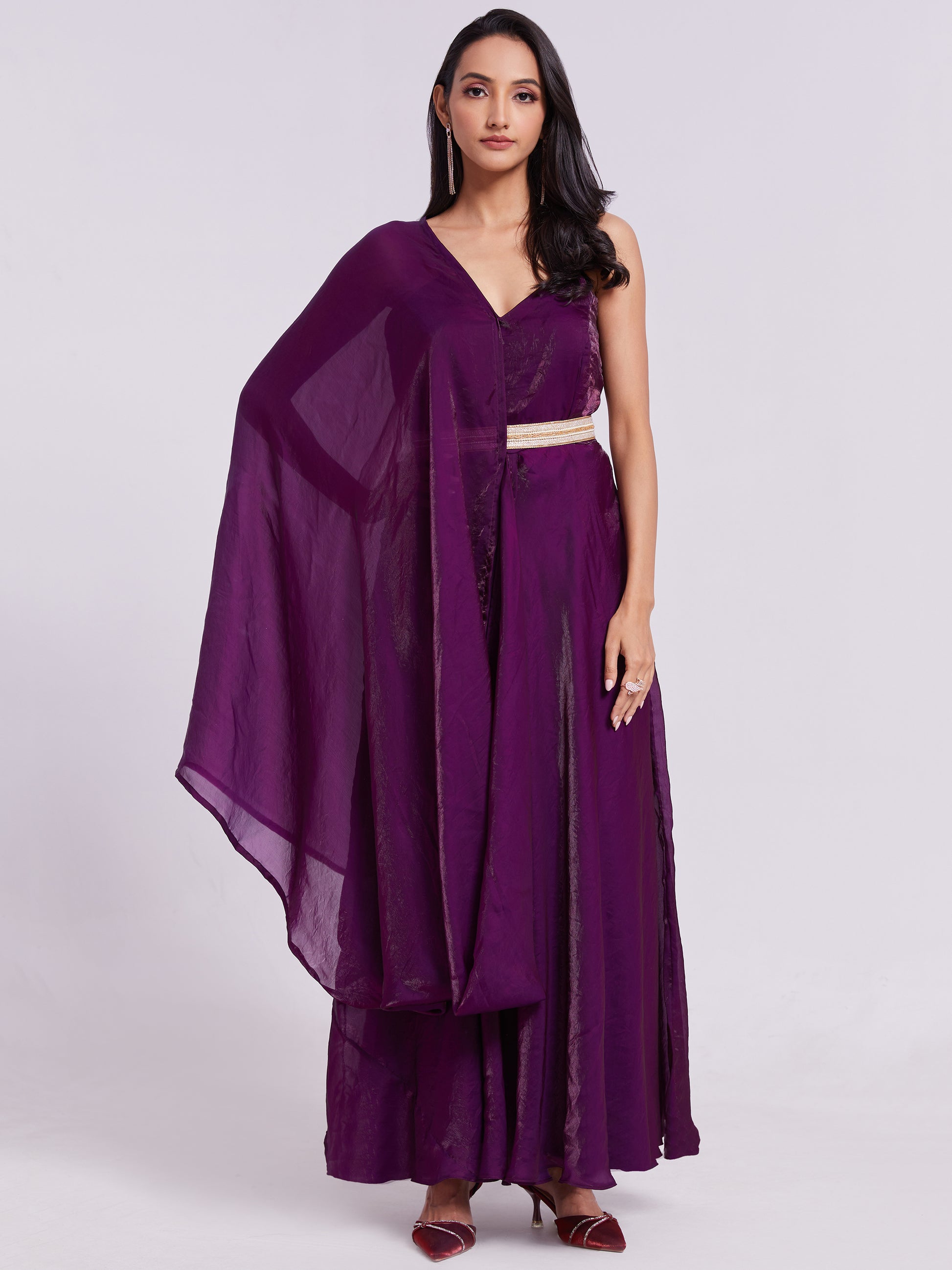 Outstanding Wine Organza Event Wear Gown With Dupatta