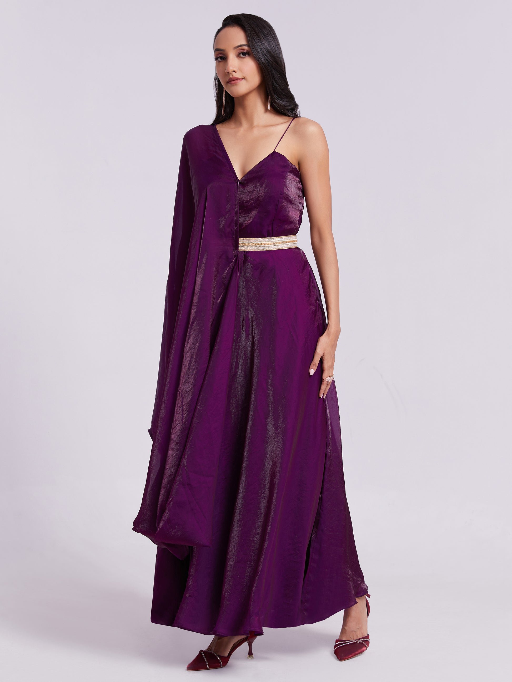 Outstanding Wine Organza Event Wear Gown With Dupatta