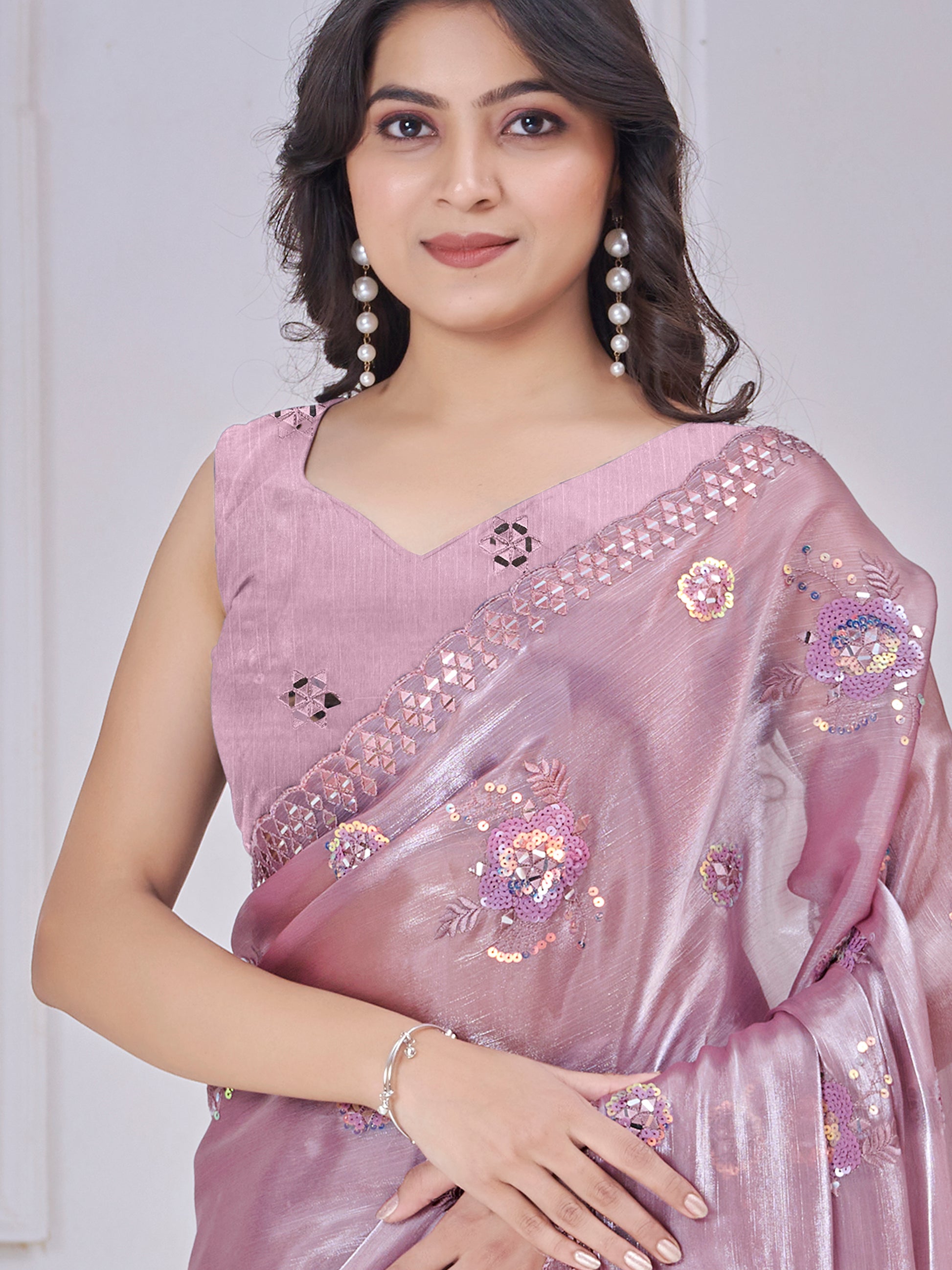 Gorgeous Mauve Floral Embroidered Organza Silk Saree With Blouse