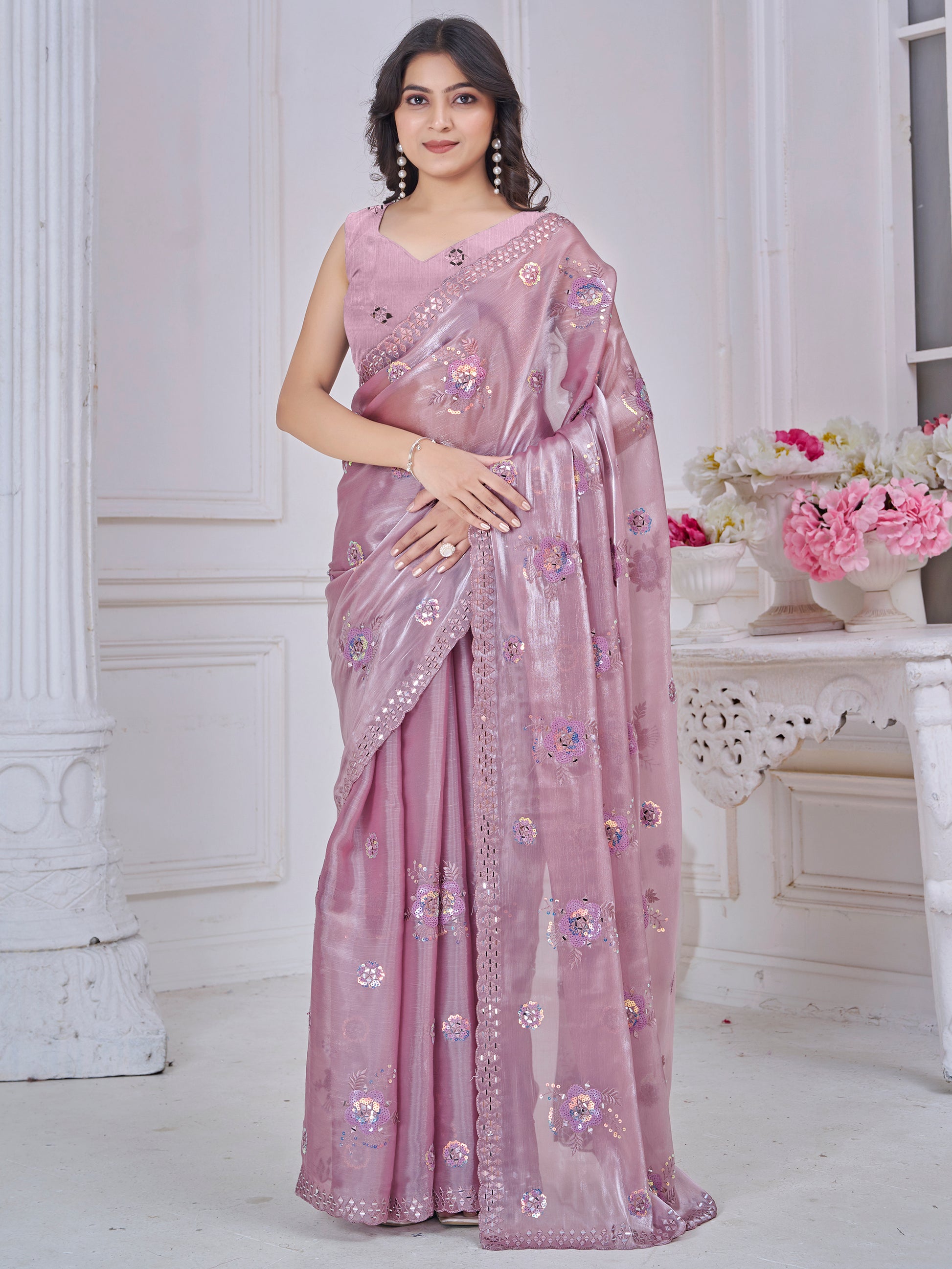 Gorgeous Mauve Floral Embroidered Organza Silk Saree With Blouse