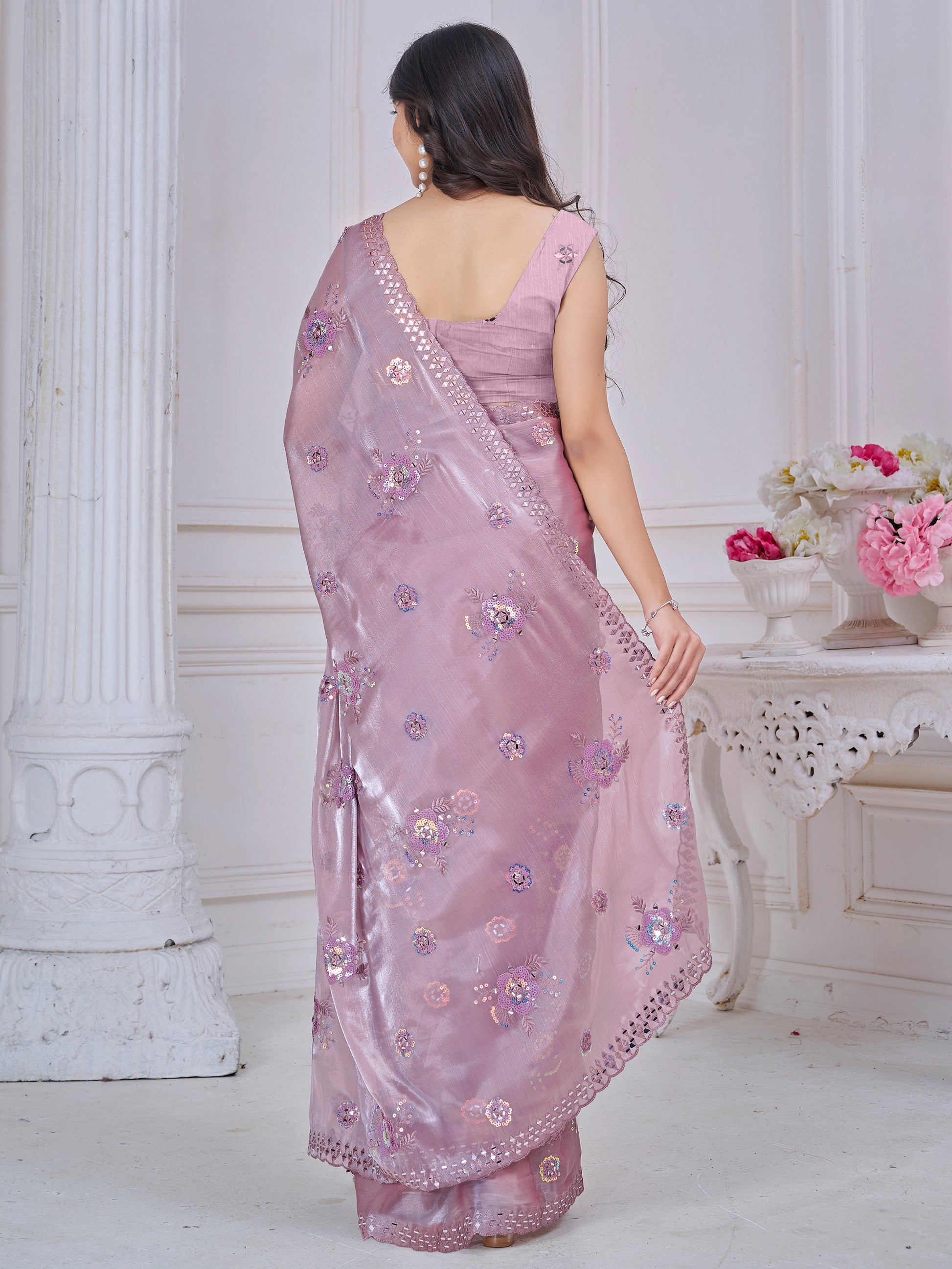 Gorgeous Mauve Floral Embroidered Organza Silk Saree With Blouse