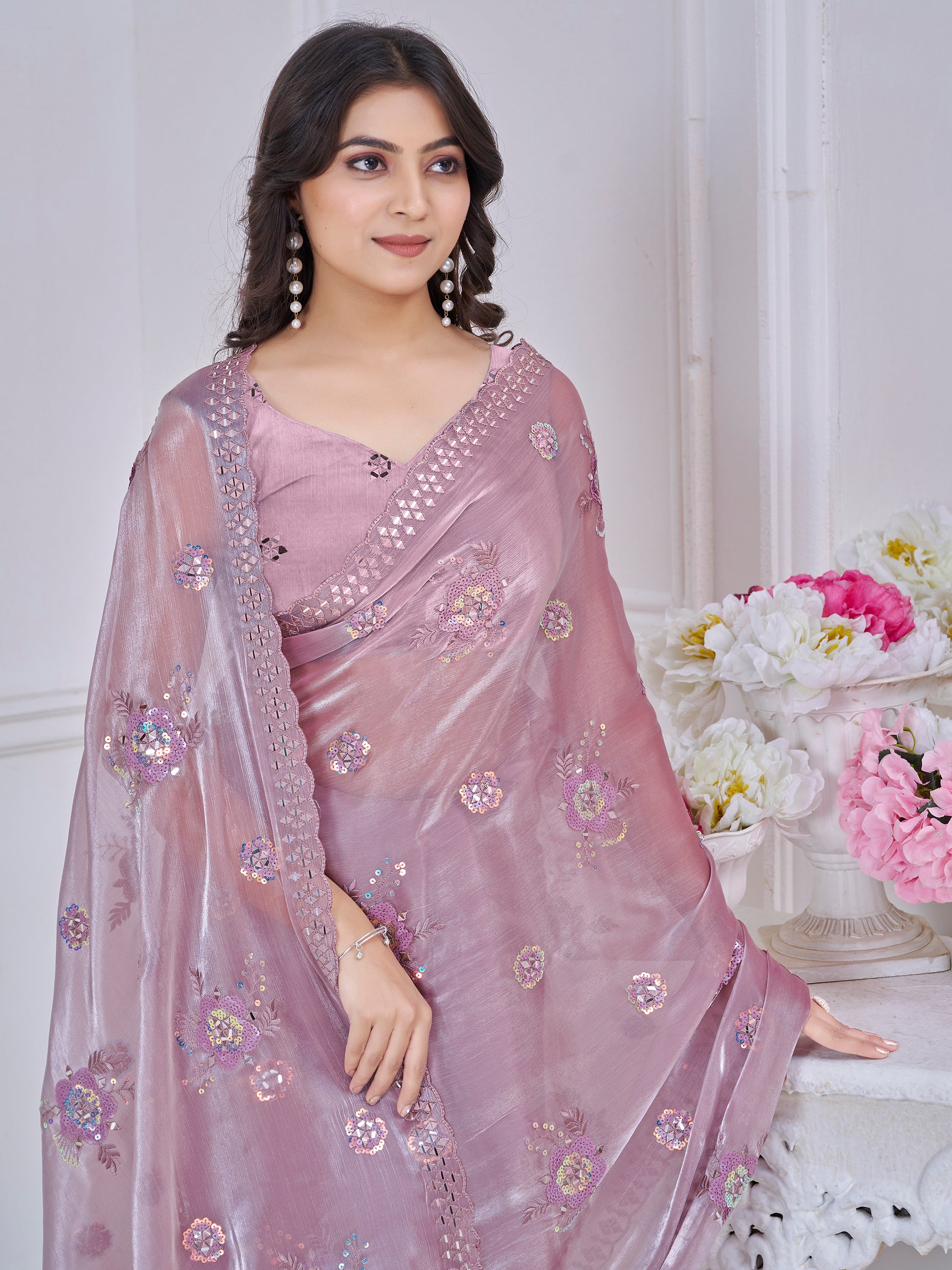 Gorgeous Mauve Floral Embroidered Organza Silk Saree With Blouse