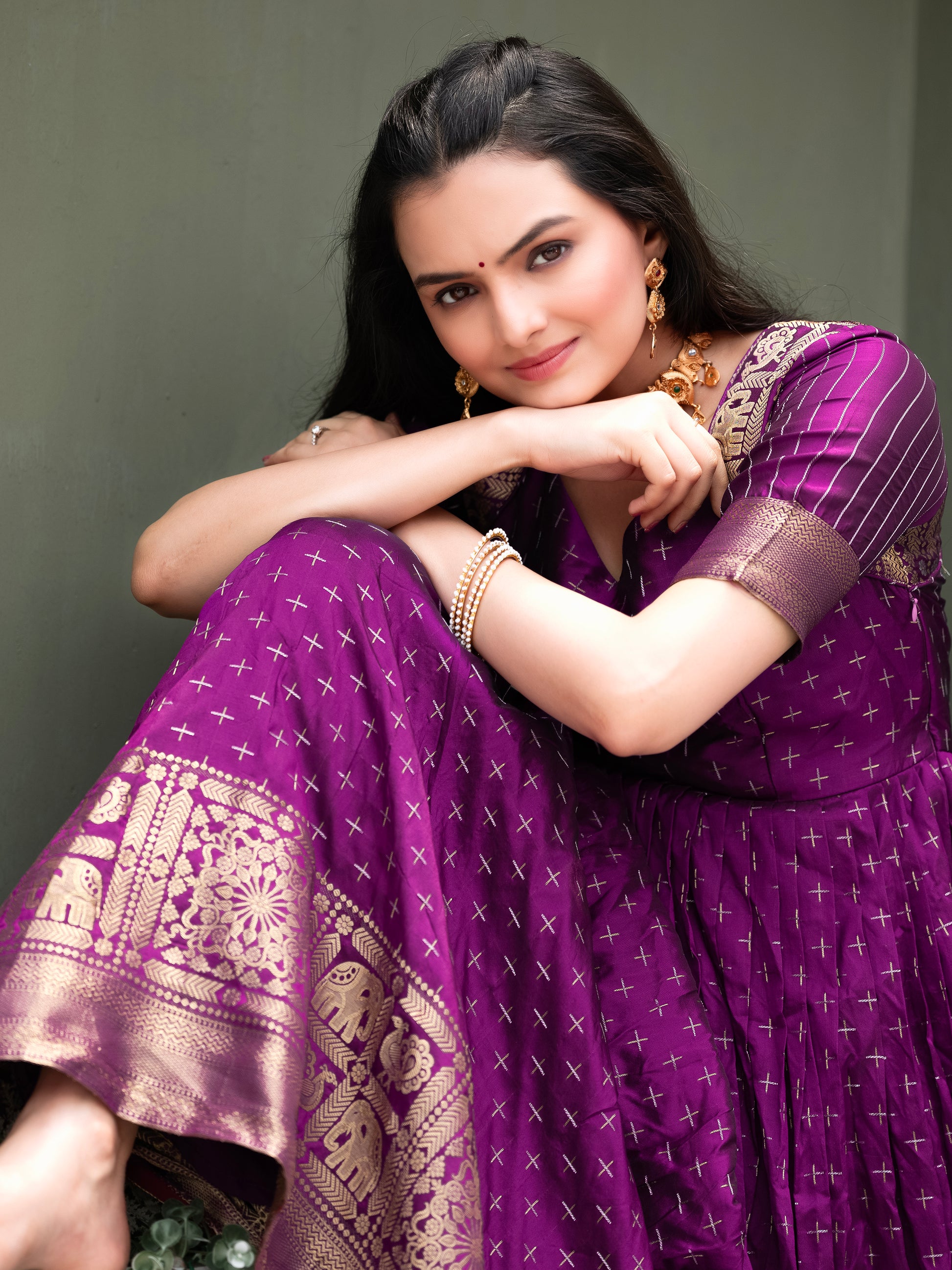 Tantalizing Purple Zari Weaving Silk Festival Wear Gown