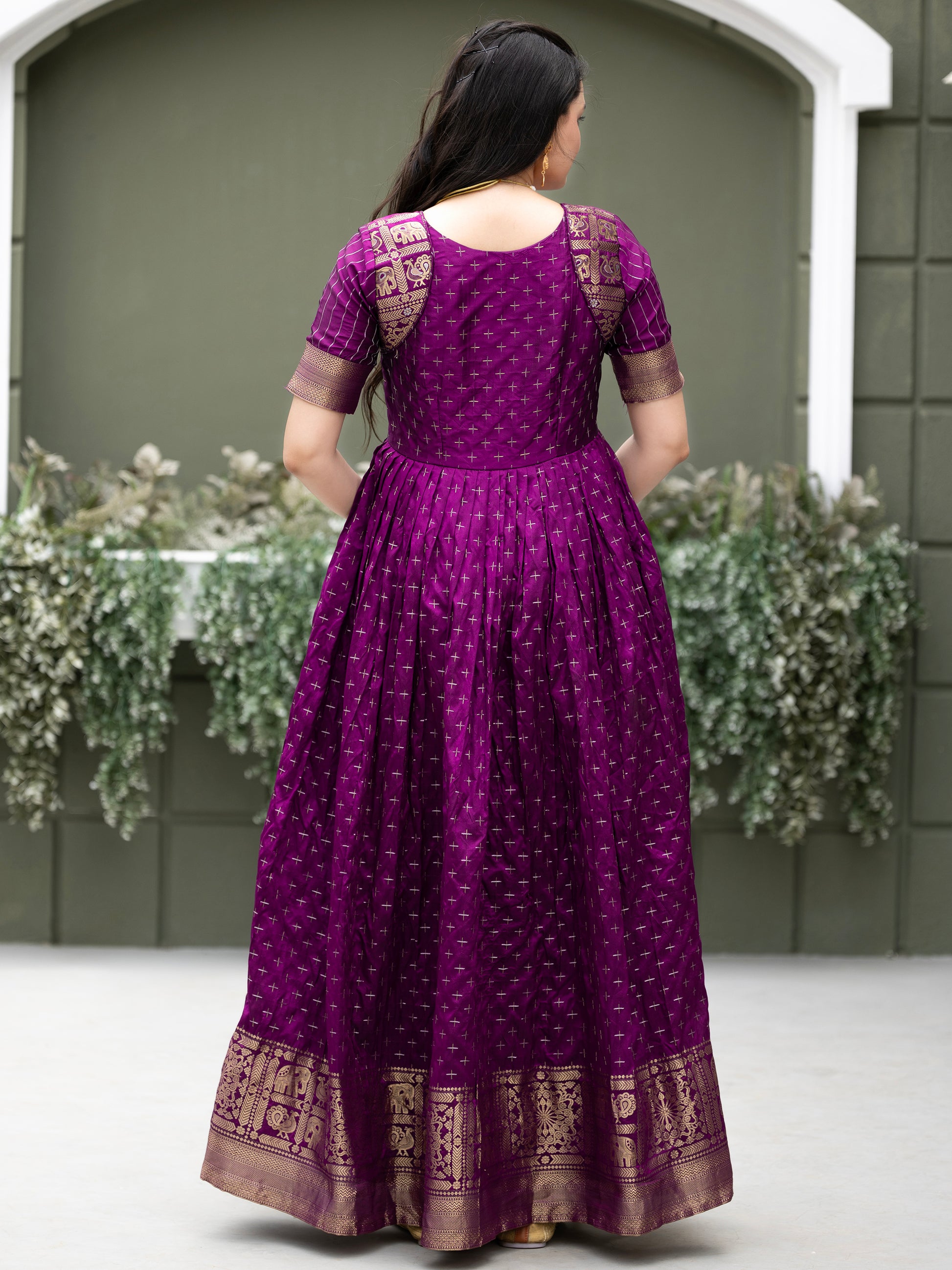 Tantalizing Purple Zari Weaving Silk Festival Wear Gown