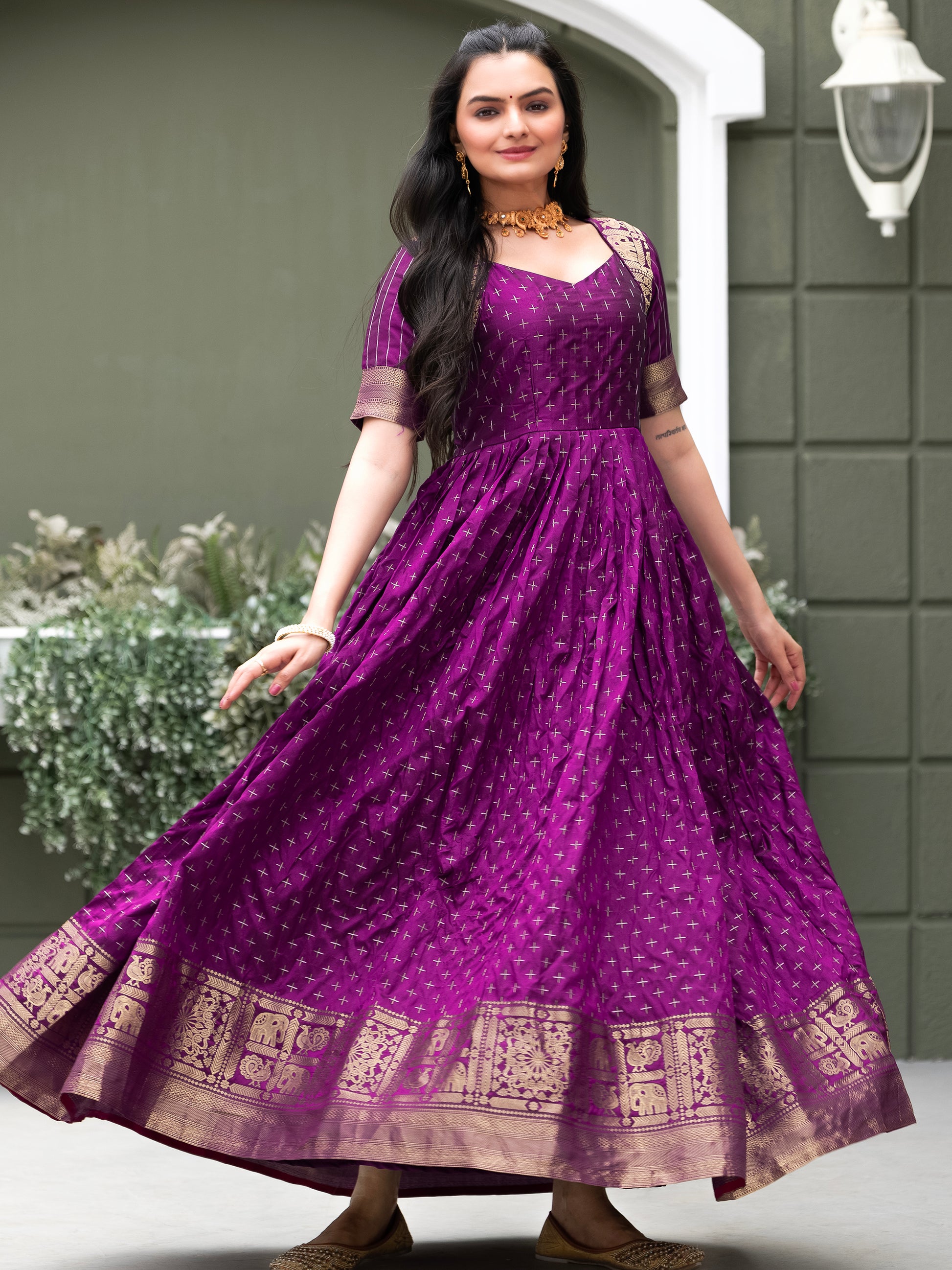 Tantalizing Purple Zari Weaving Silk Festival Wear Gown