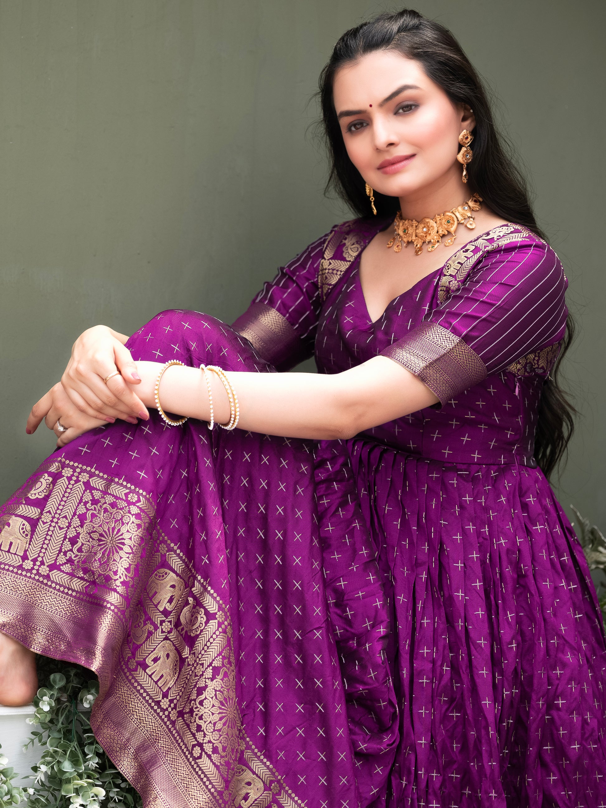 Tantalizing Purple Zari Weaving Silk Festival Wear Gown