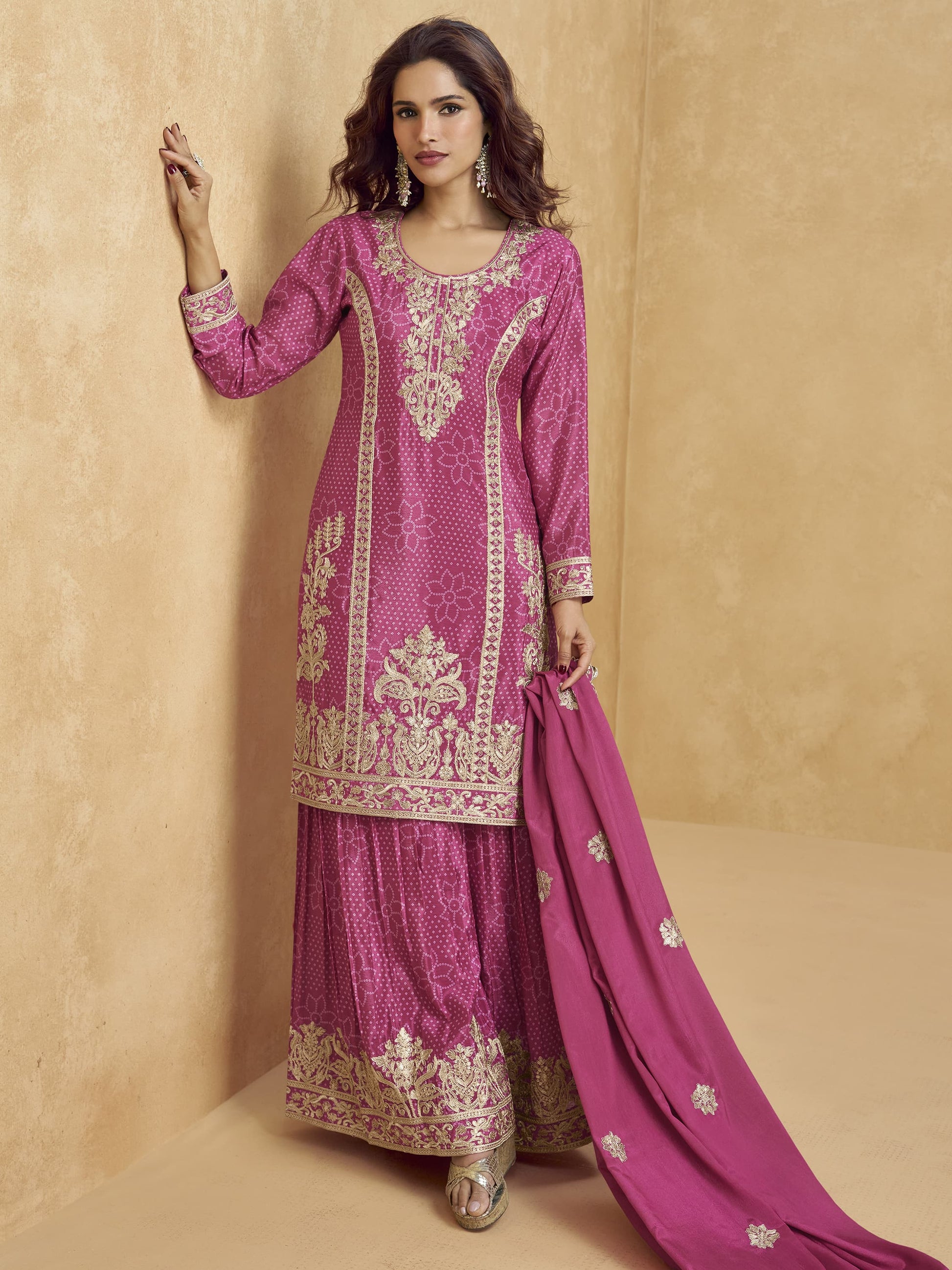Mesmerizing Pink Sequins Chinon Eid Special Palazzo Suit With Dupatta