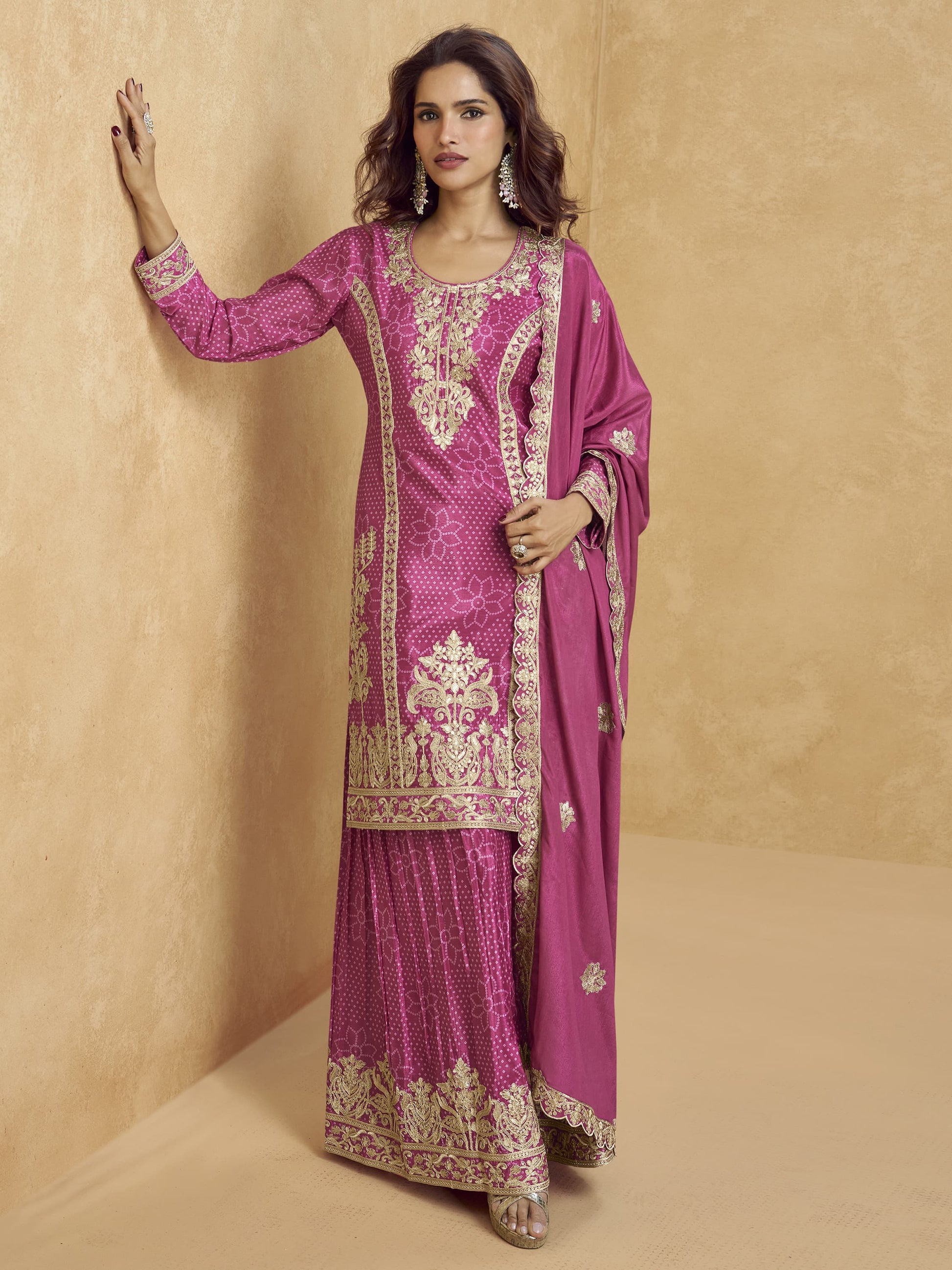 Mesmerizing Pink Sequins Chinon Eid Special Palazzo Suit With Dupatta
