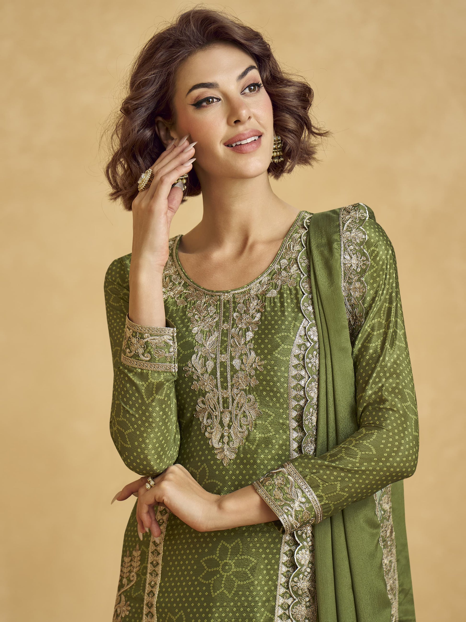 Amazing Green Zari Work Chinon Festive Wear Palazzo Suit With Dupatta
