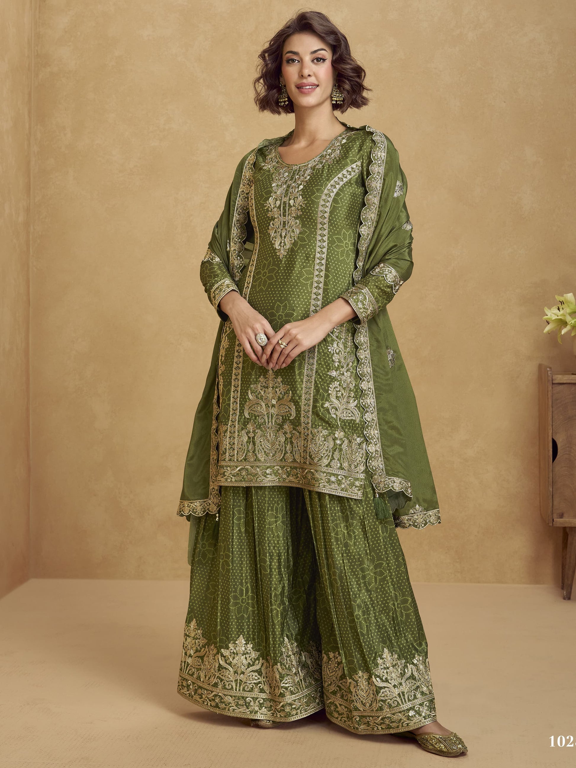 Amazing Green Zari Work Chinon Festive Wear Palazzo Suit With Dupatta