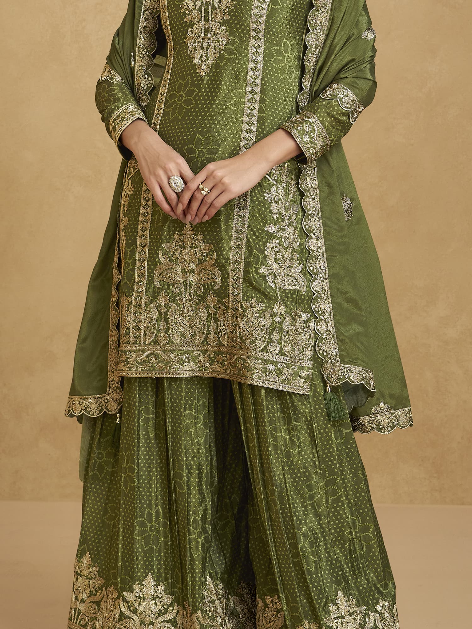 Amazing Green Zari Work Chinon Festive Wear Palazzo Suit With Dupatta