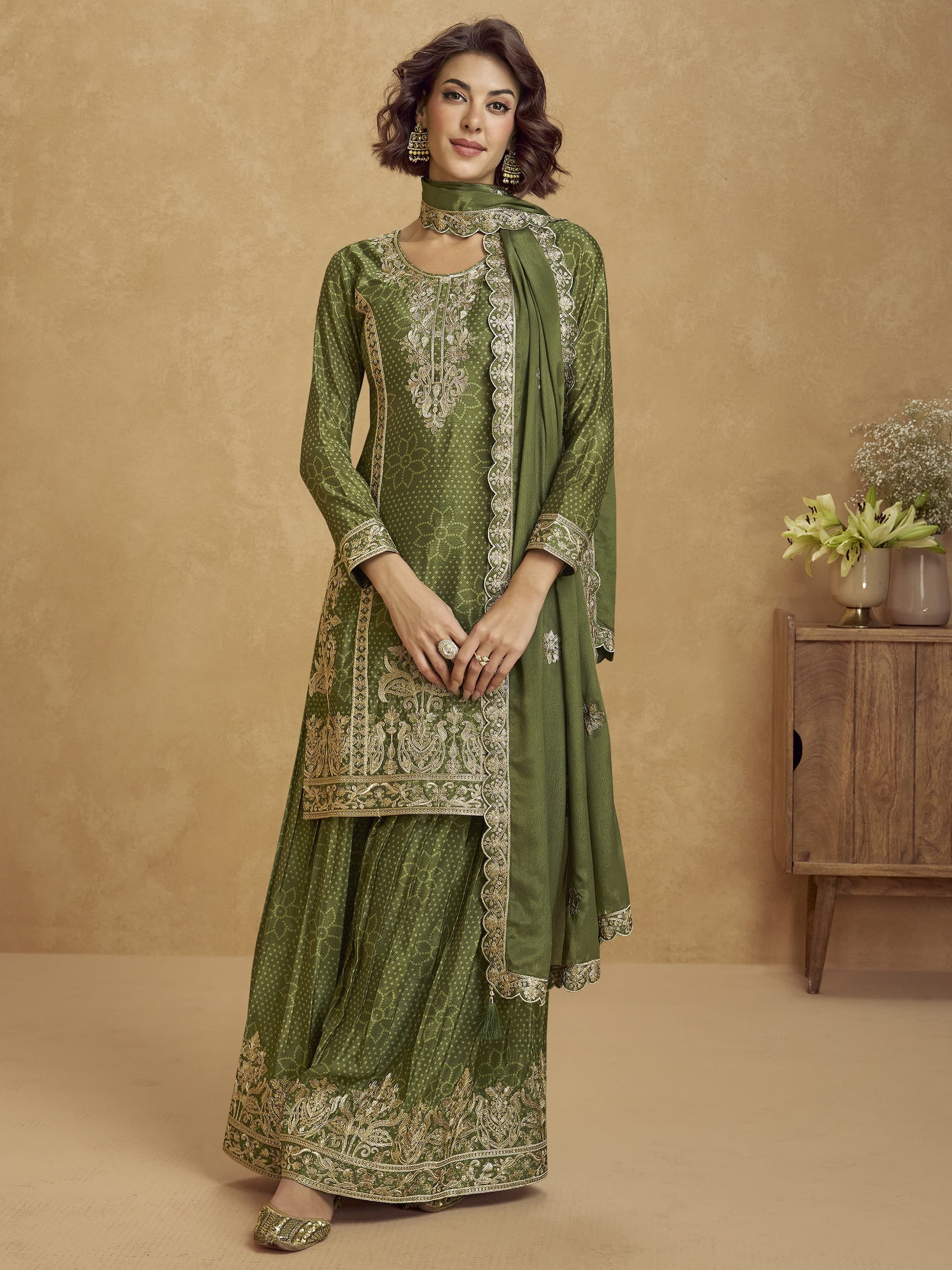 Amazing Green Zari Work Chinon Festive Wear Palazzo Suit With Dupatta