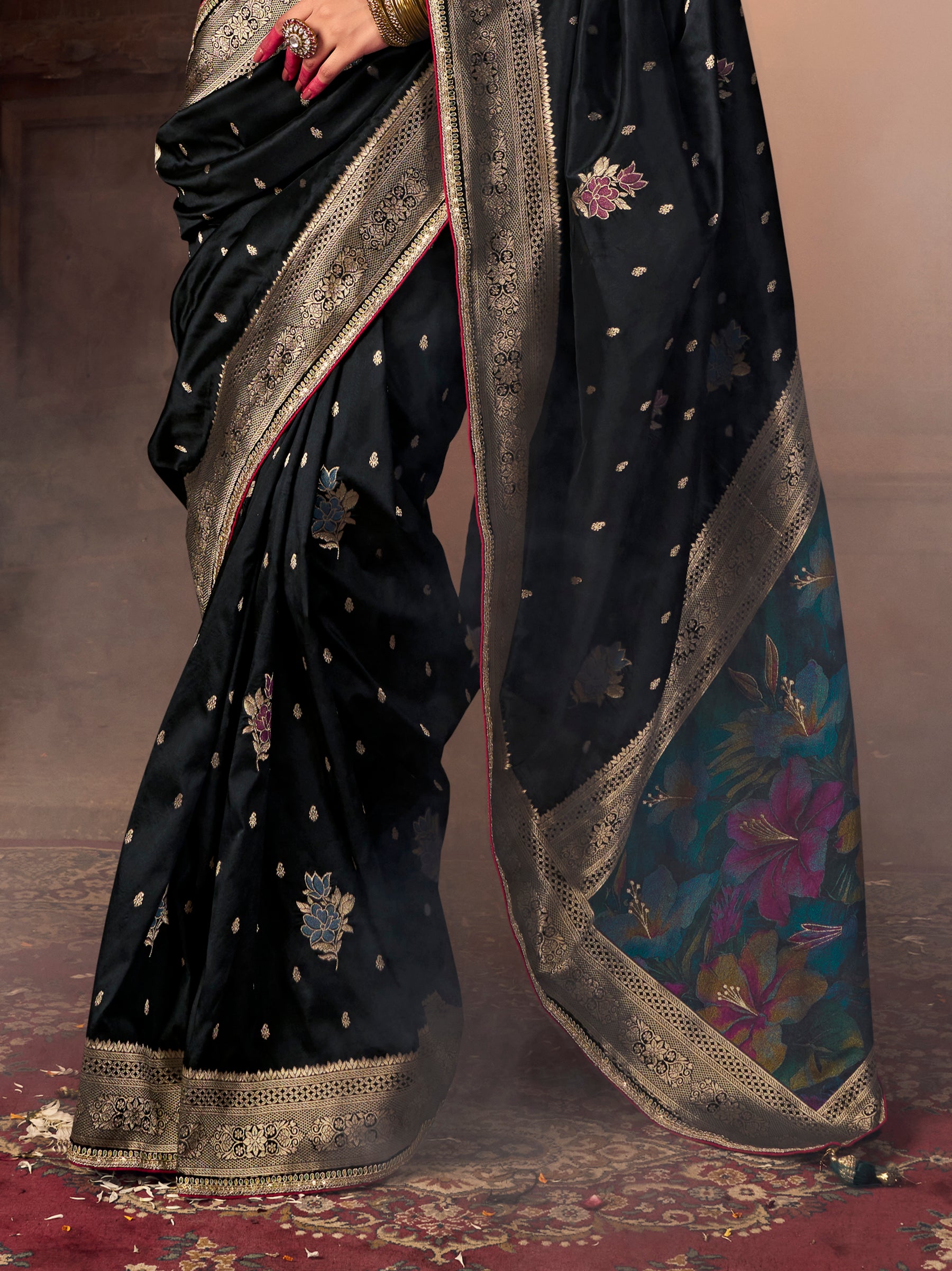 Stunning Black Zari Weaving Silk Traditional Saree With Blouse