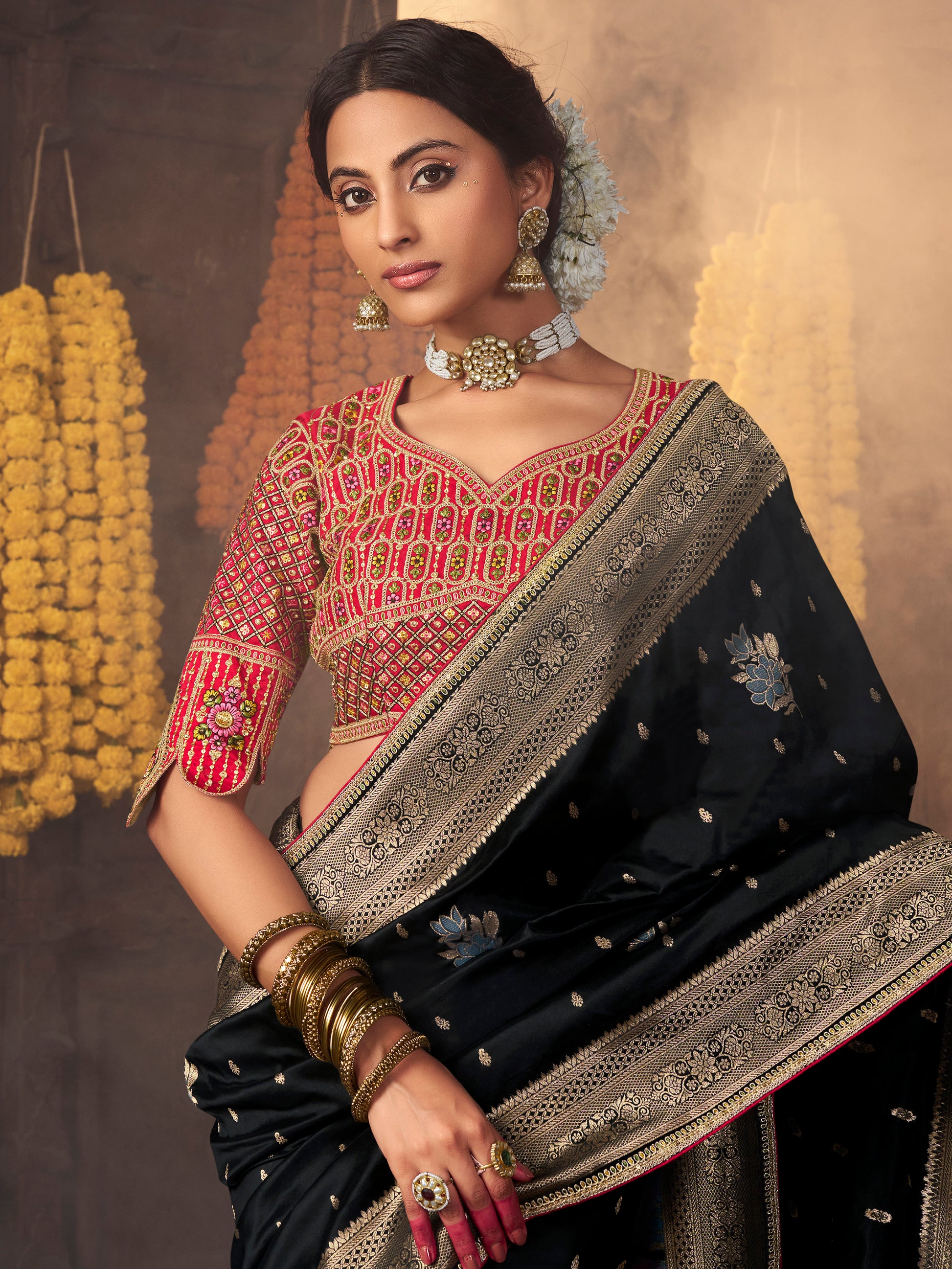 Stunning Black Zari Weaving Silk Traditional Saree With Blouse