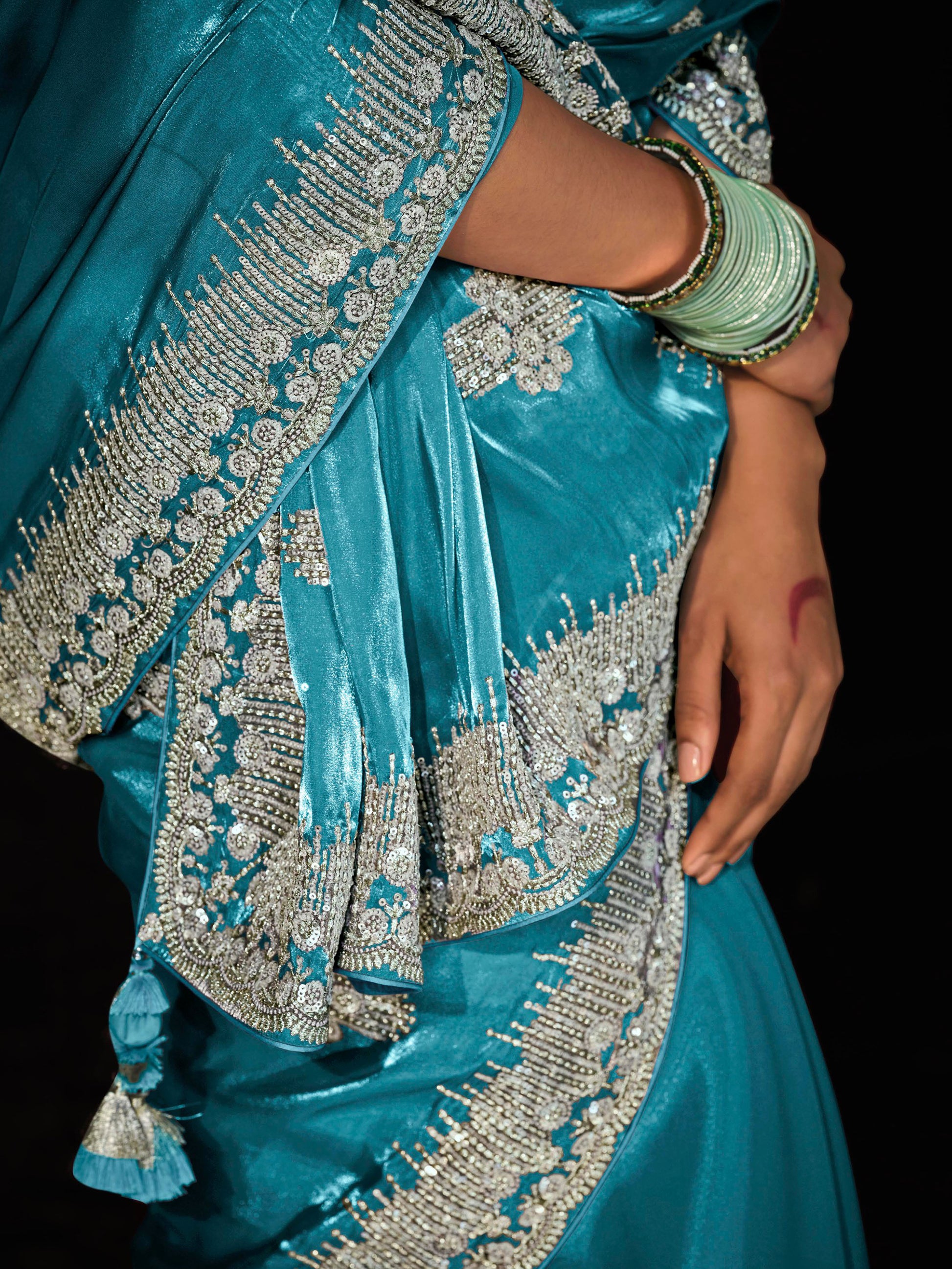 Adorable Sky-Blue Embroidered Tissue Silk Designer Saree With Blouse