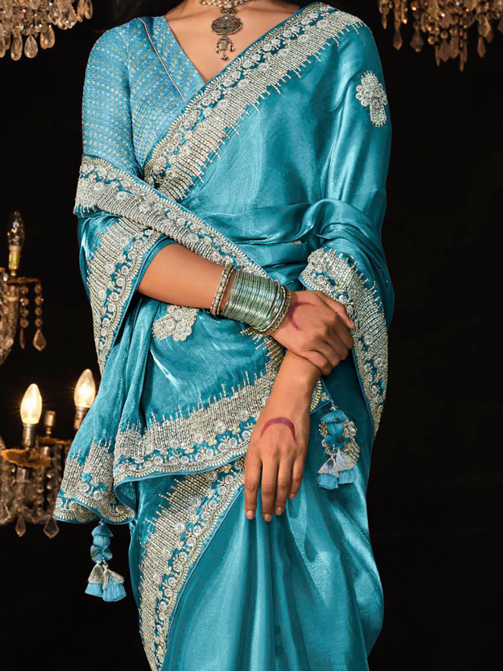 Adorable Sky-Blue Embroidered Tissue Silk Designer Saree With Blouse