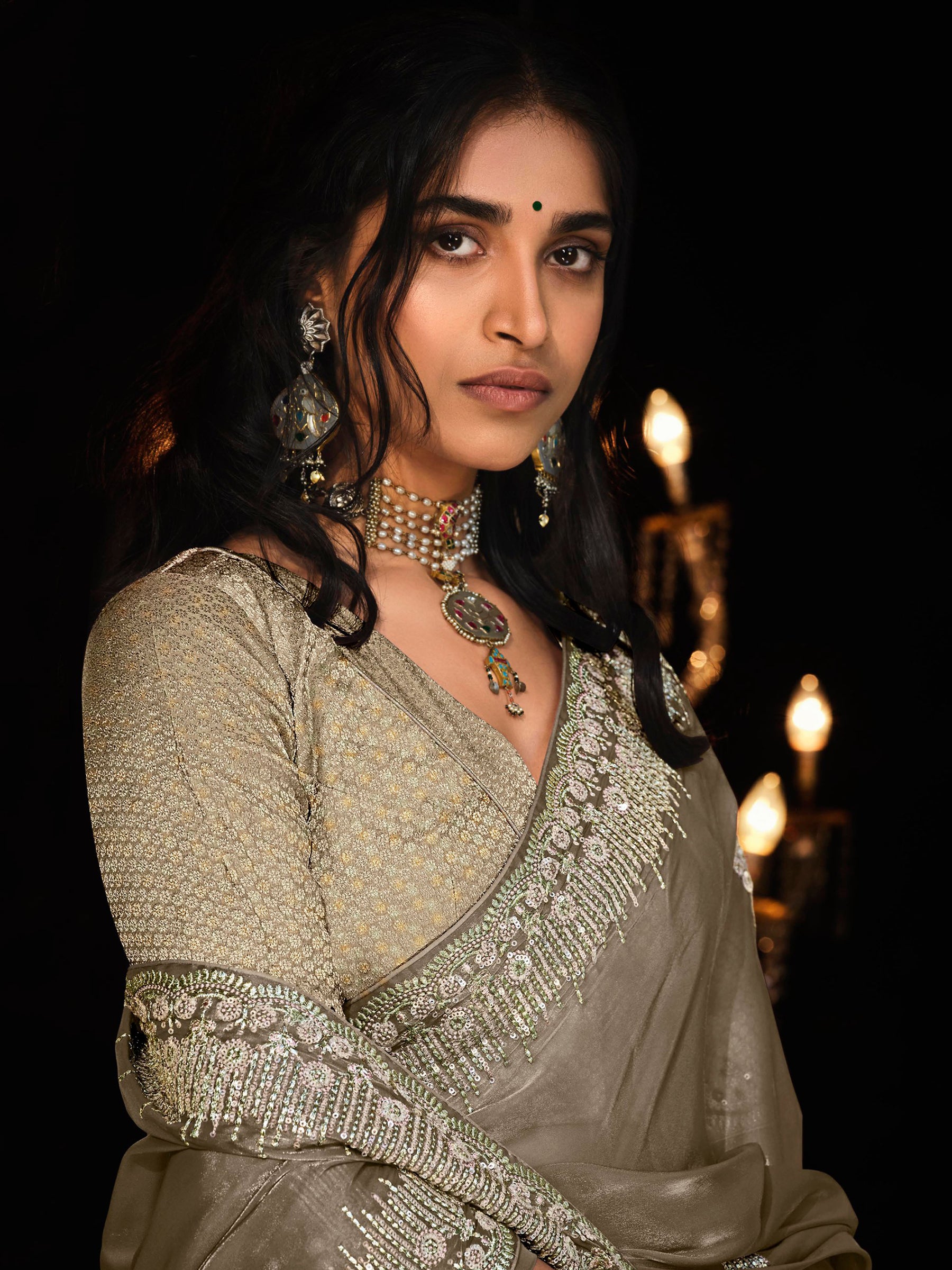 Enchanting Brown Embroidered Tissue Silk Wedding Wear Saree