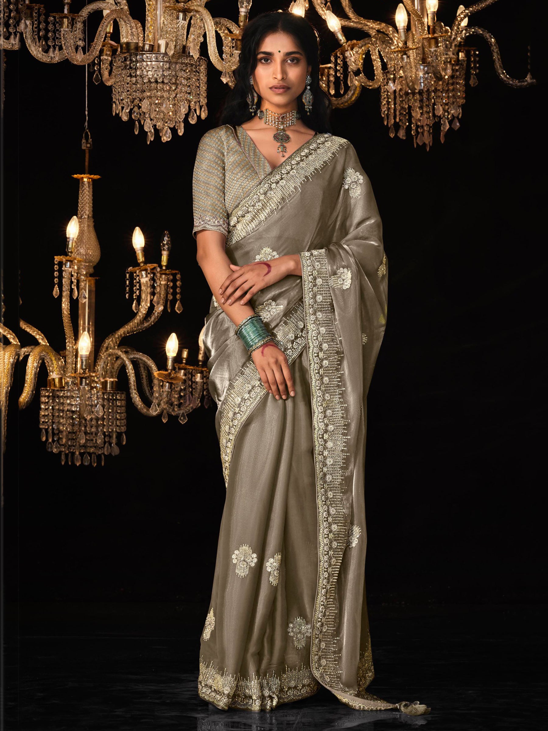 Enchanting Brown Embroidered Tissue Silk Wedding Wear Saree