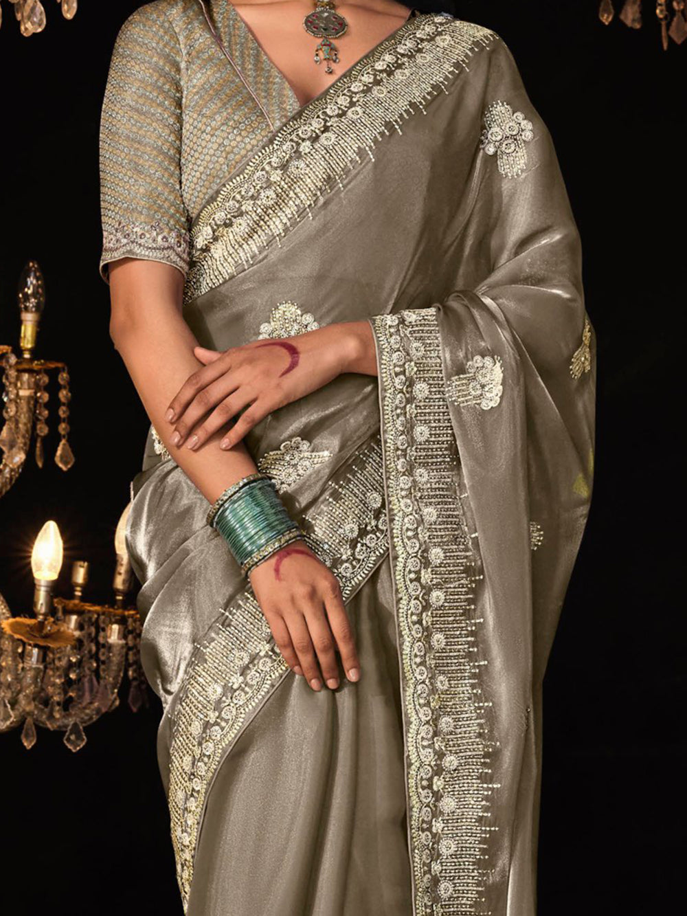 Enchanting Brown Embroidered Tissue Silk Wedding Wear Saree