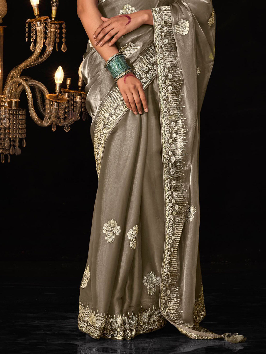 Enchanting Brown Embroidered Tissue Silk Wedding Wear Saree