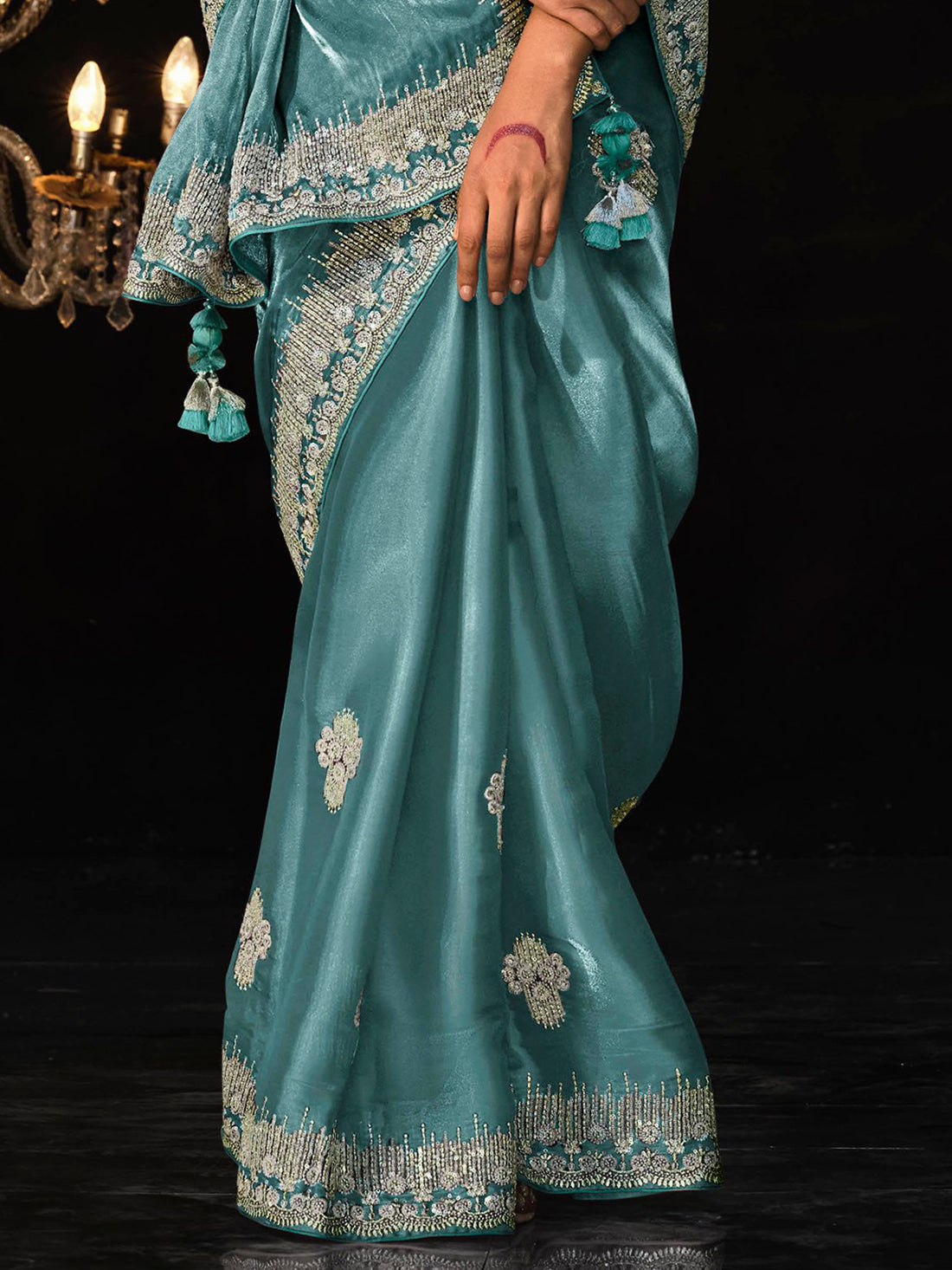 Fascinating Teal Blue Embroidered Tissue Silk Engagement Wear Saree