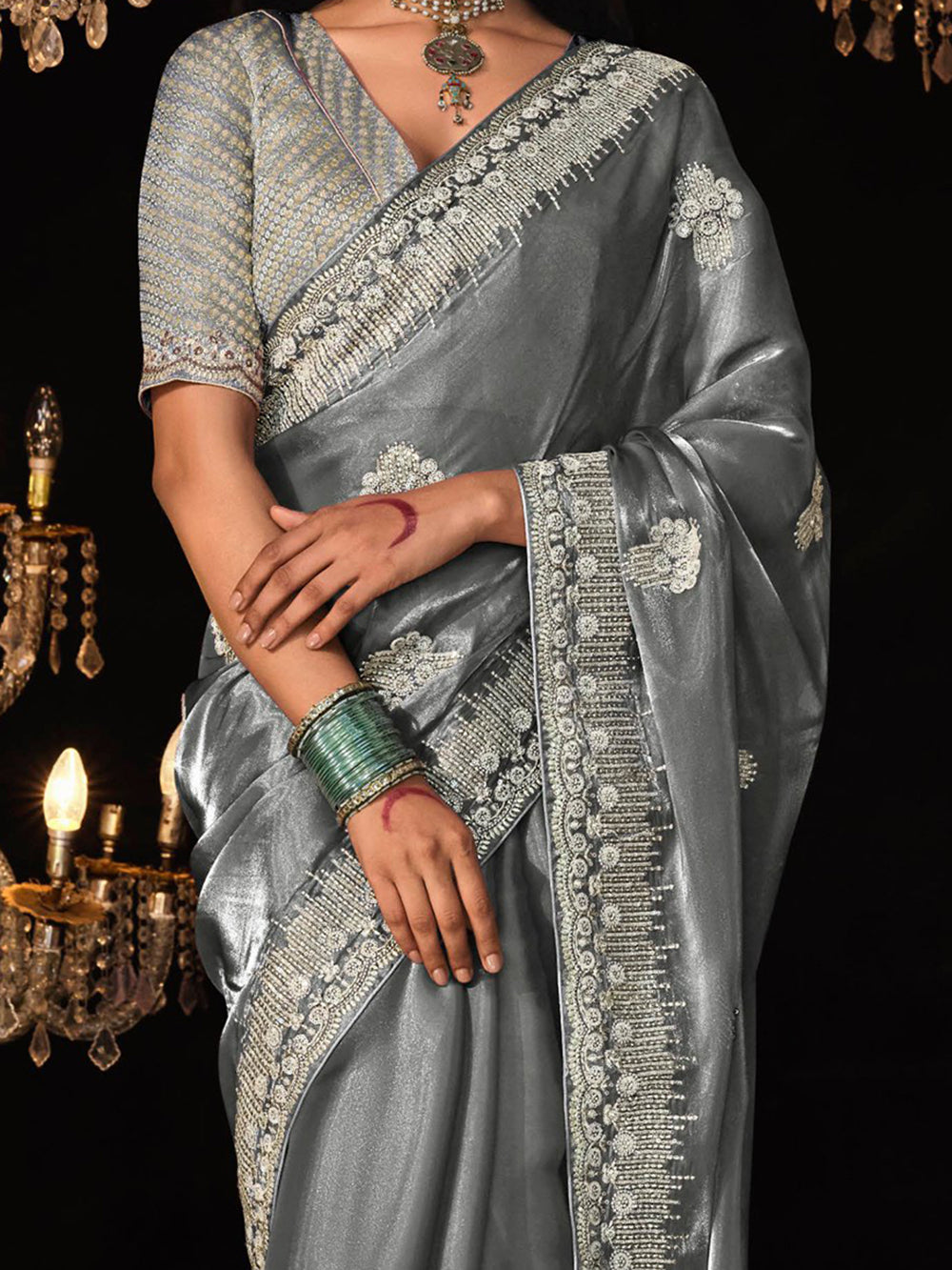 Mesmerizing Grey Embroidered Tissue Silk Saree With Blouse
