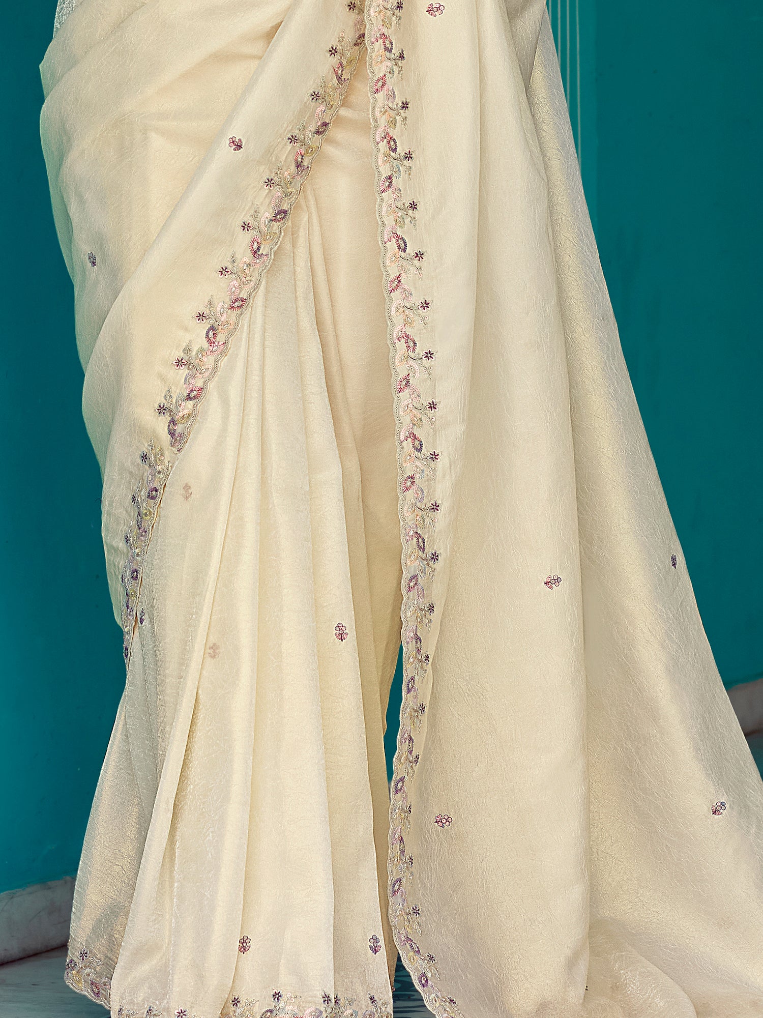 Alluring Cream Sequins Work Tissue Silk Festive Wear Saree