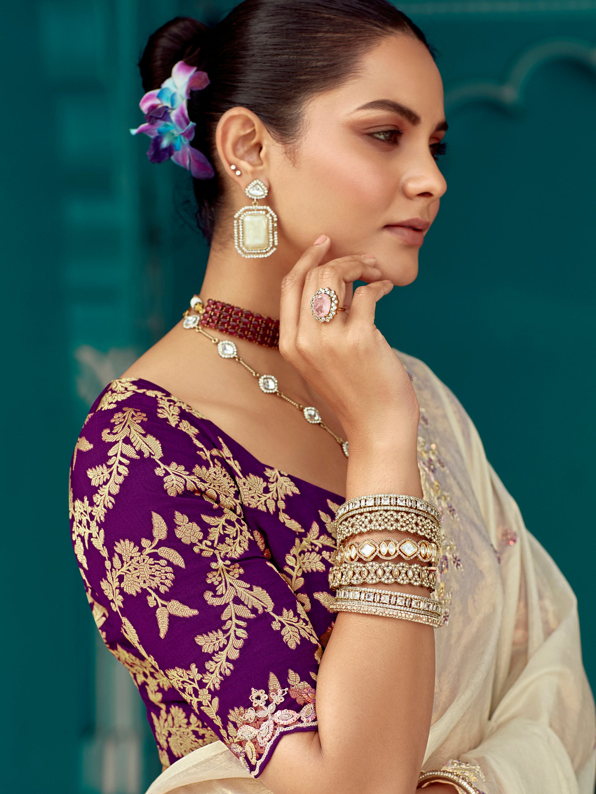 Alluring Cream Sequins Work Tissue Silk Festive Wear Saree