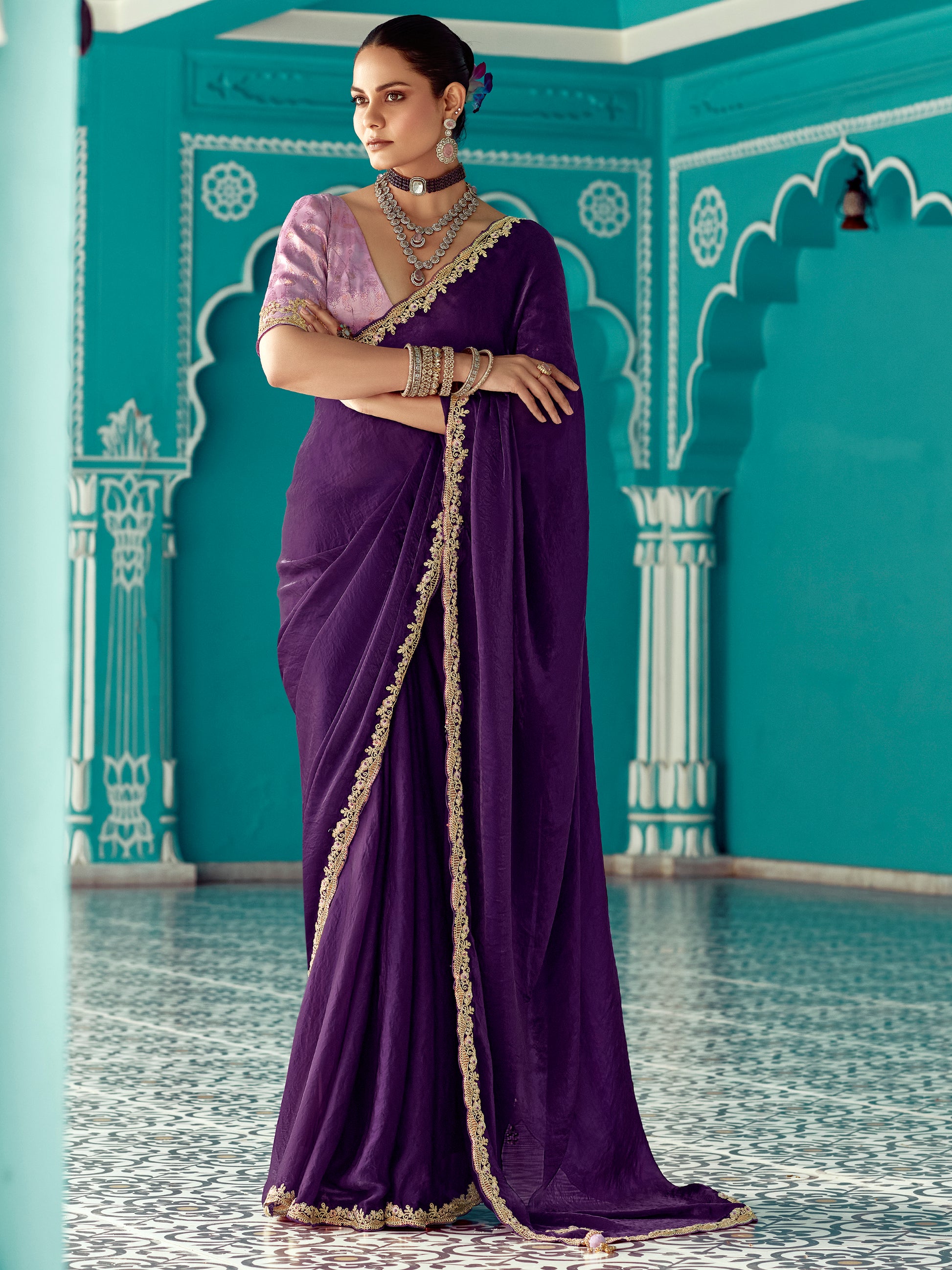Glamorous Purple Sequins Work Tissue Silk Bridal Wear Saree