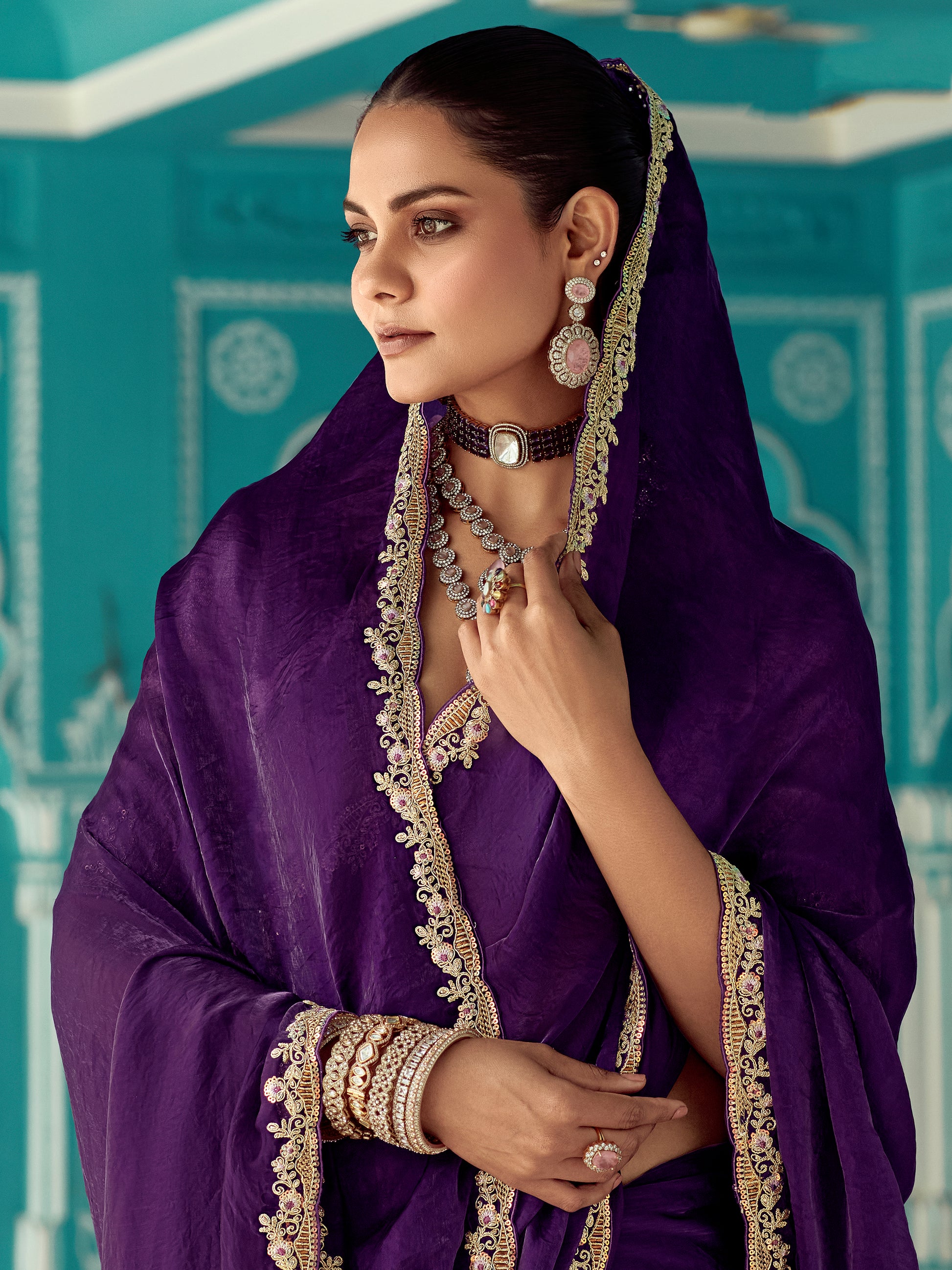 Glamorous Purple Sequins Work Tissue Silk Bridal Wear Saree