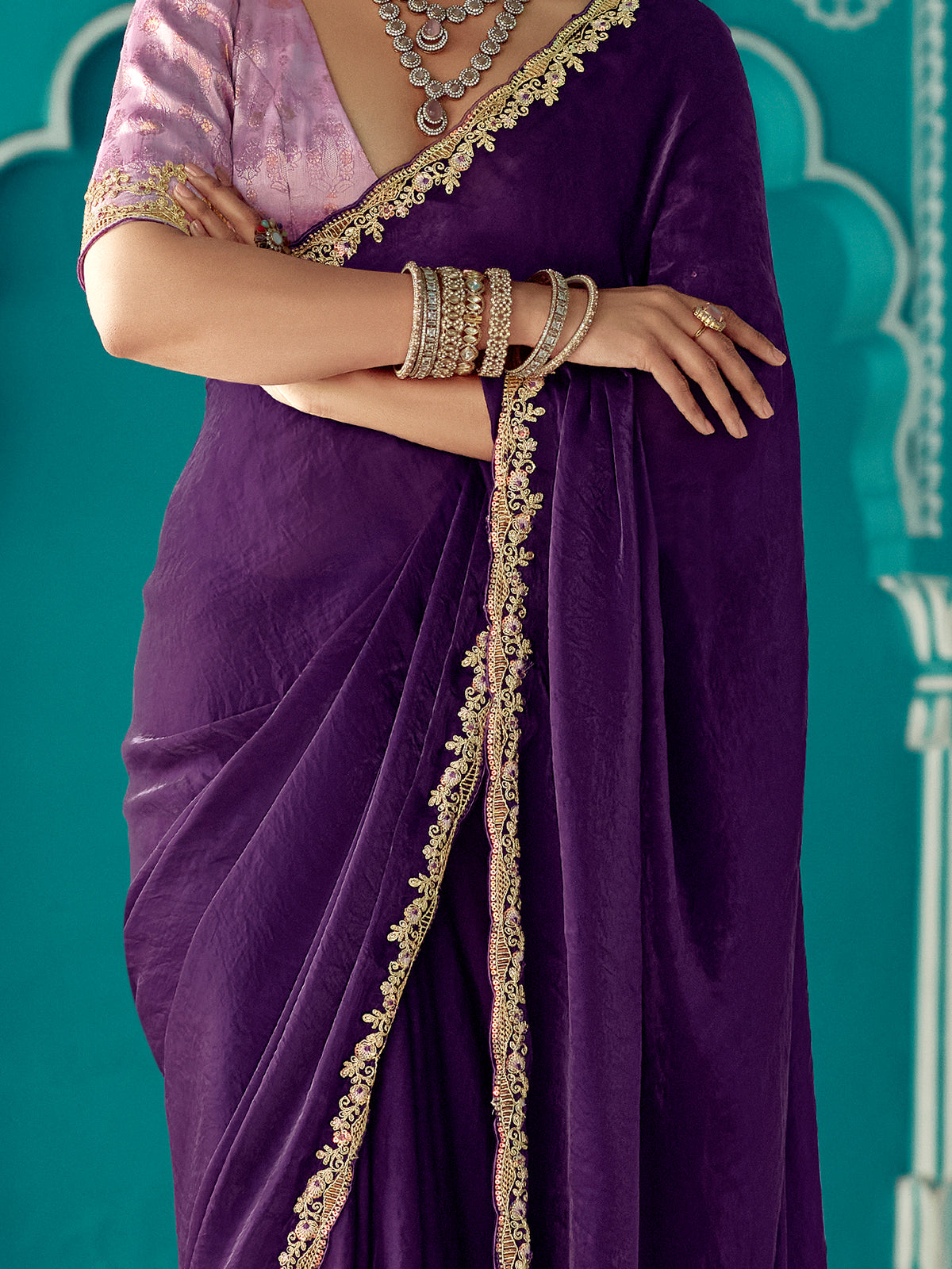 Glamorous Purple Sequins Work Tissue Silk Bridal Wear Saree