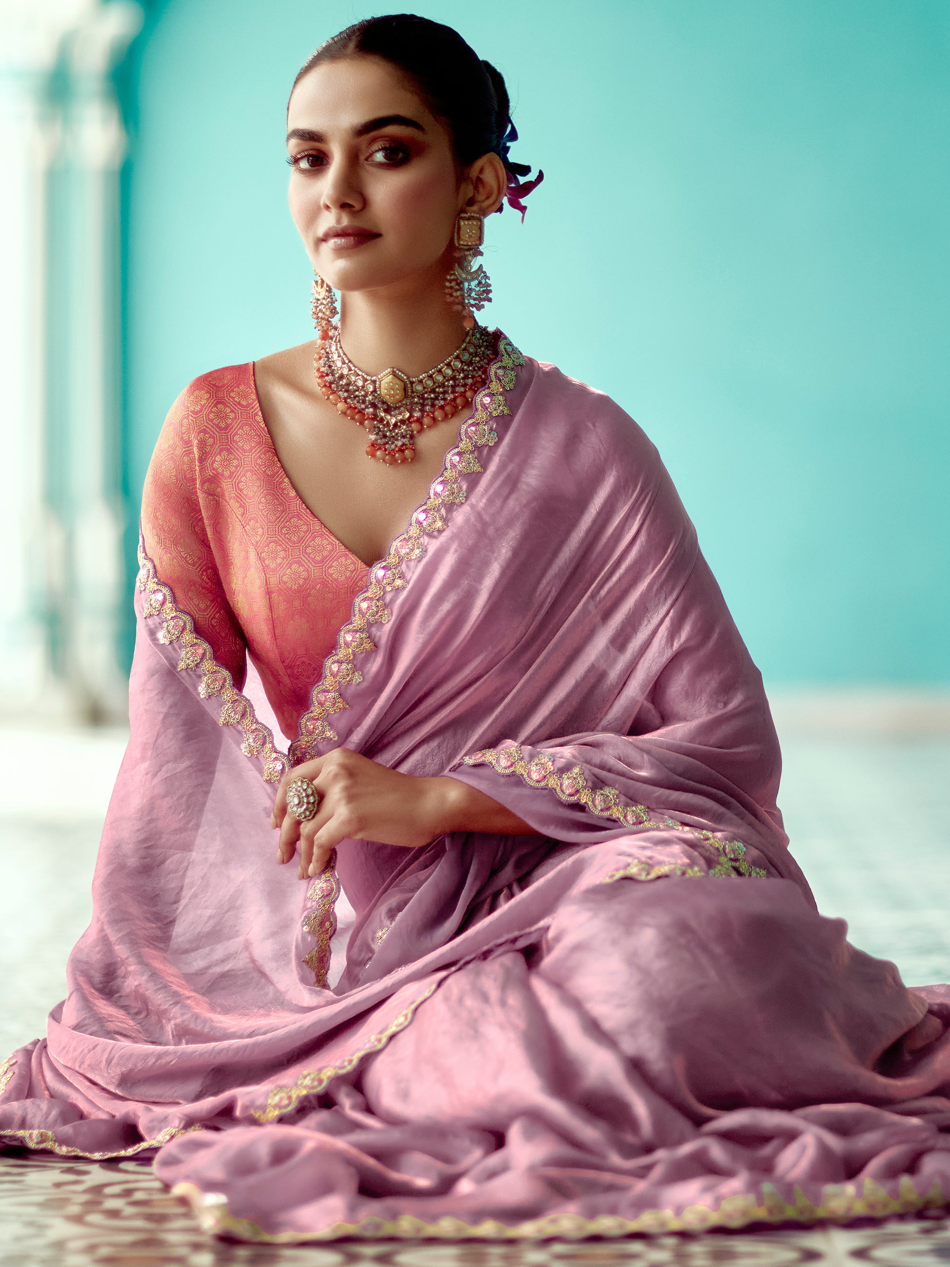 Lovely Lilac Thread Bordered Work Tissue Silk Engagement Wear Saree With Blouse