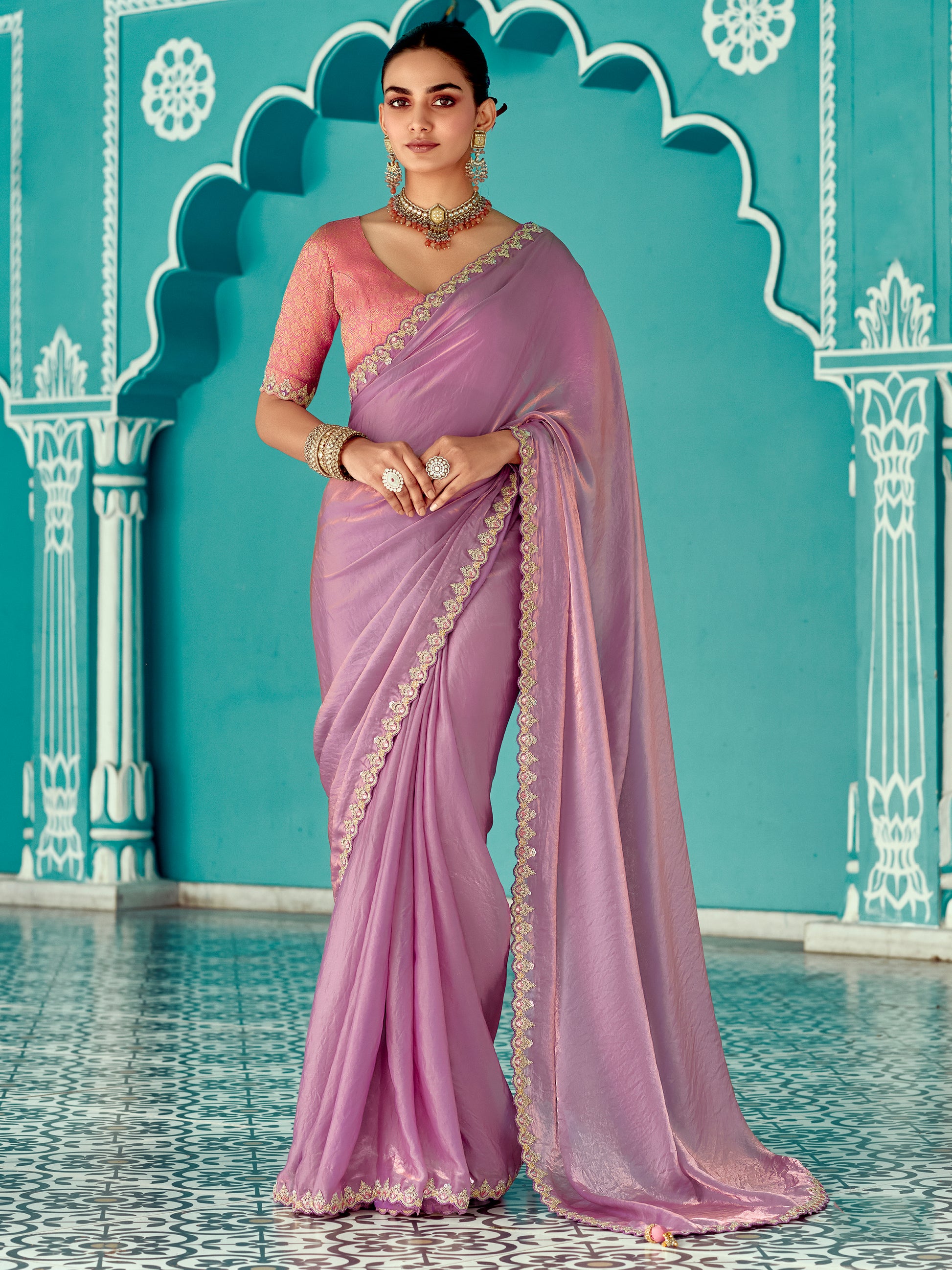 Lovely Lilac Thread Bordered Work Tissue Silk Engagement Wear Saree With Blouse