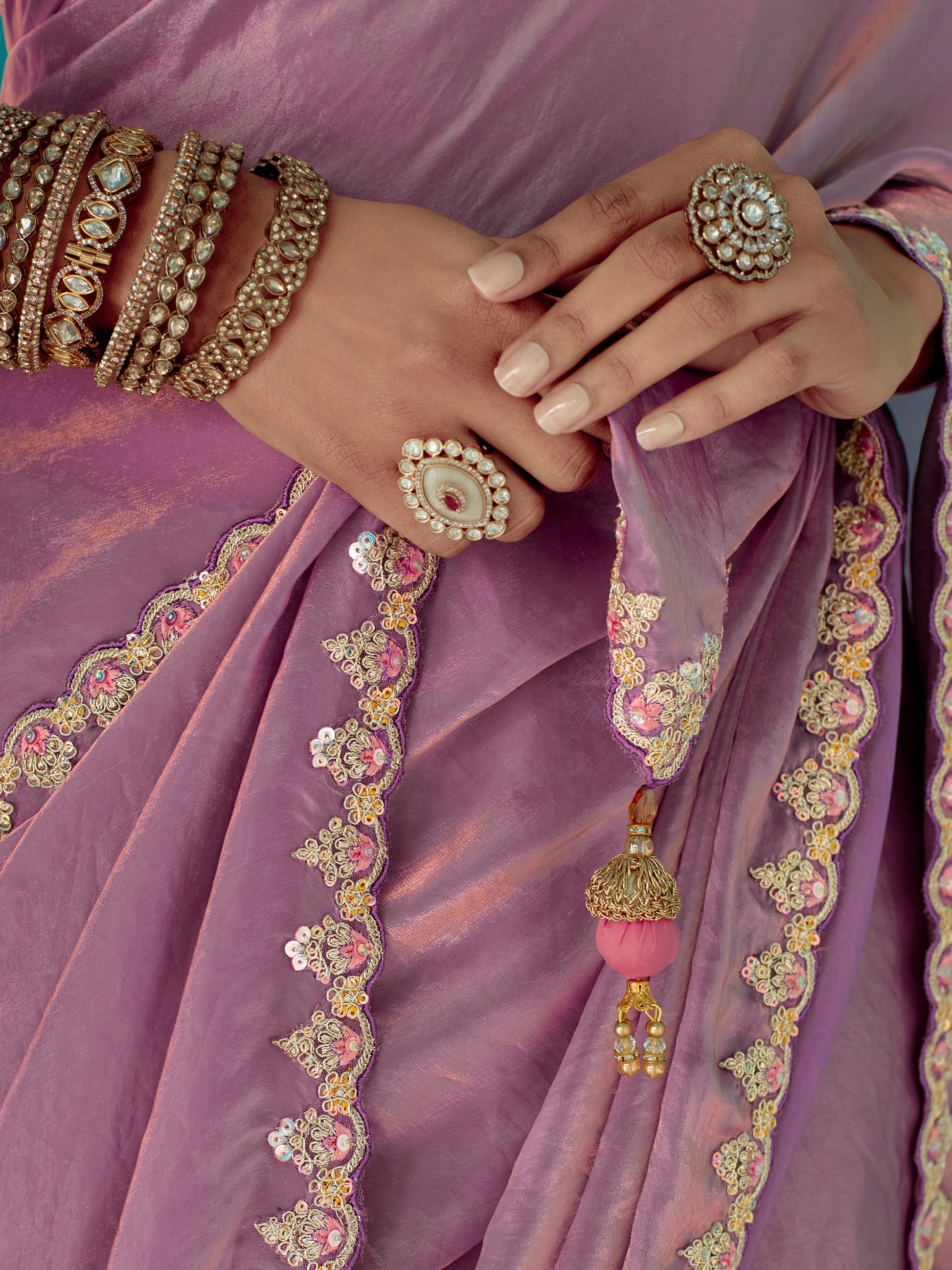 Lovely Lilac Thread Bordered Work Tissue Silk Engagement Wear Saree With Blouse