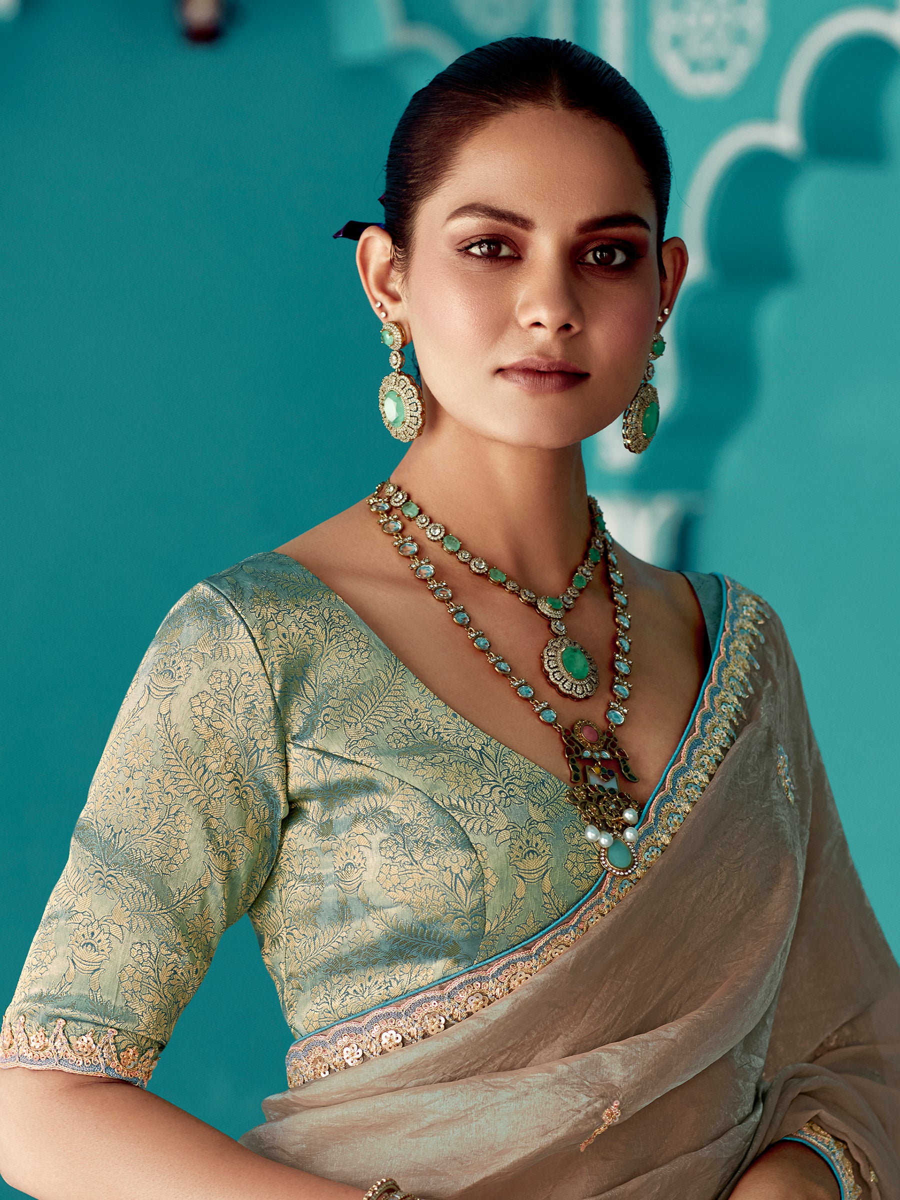 Stunning Beige Embroidered Border Tissue Silk Festive Wear Saree
