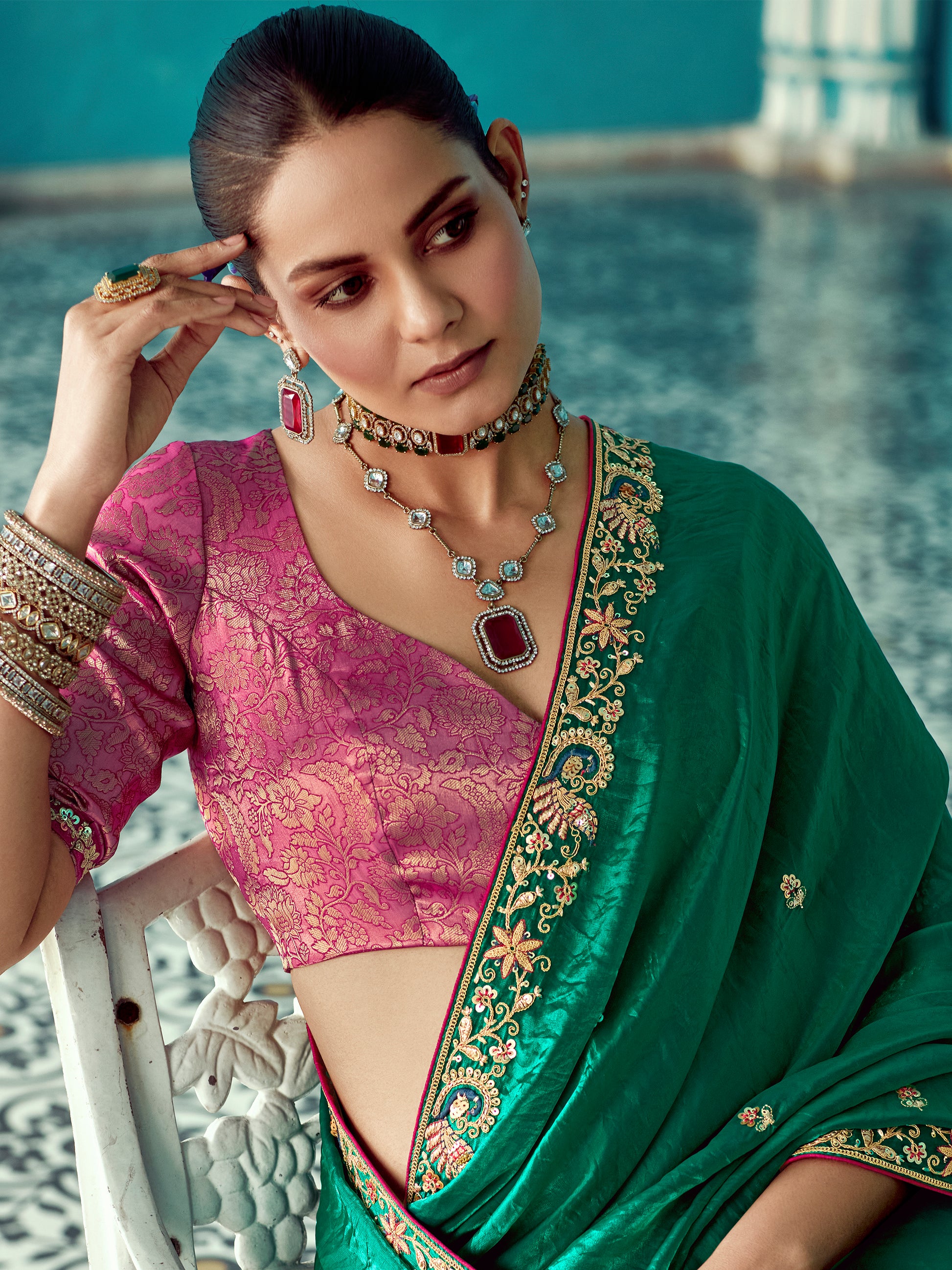 Attractive Green Embroidered Border Tissue Silk Wedding Wear Saree With Blouse