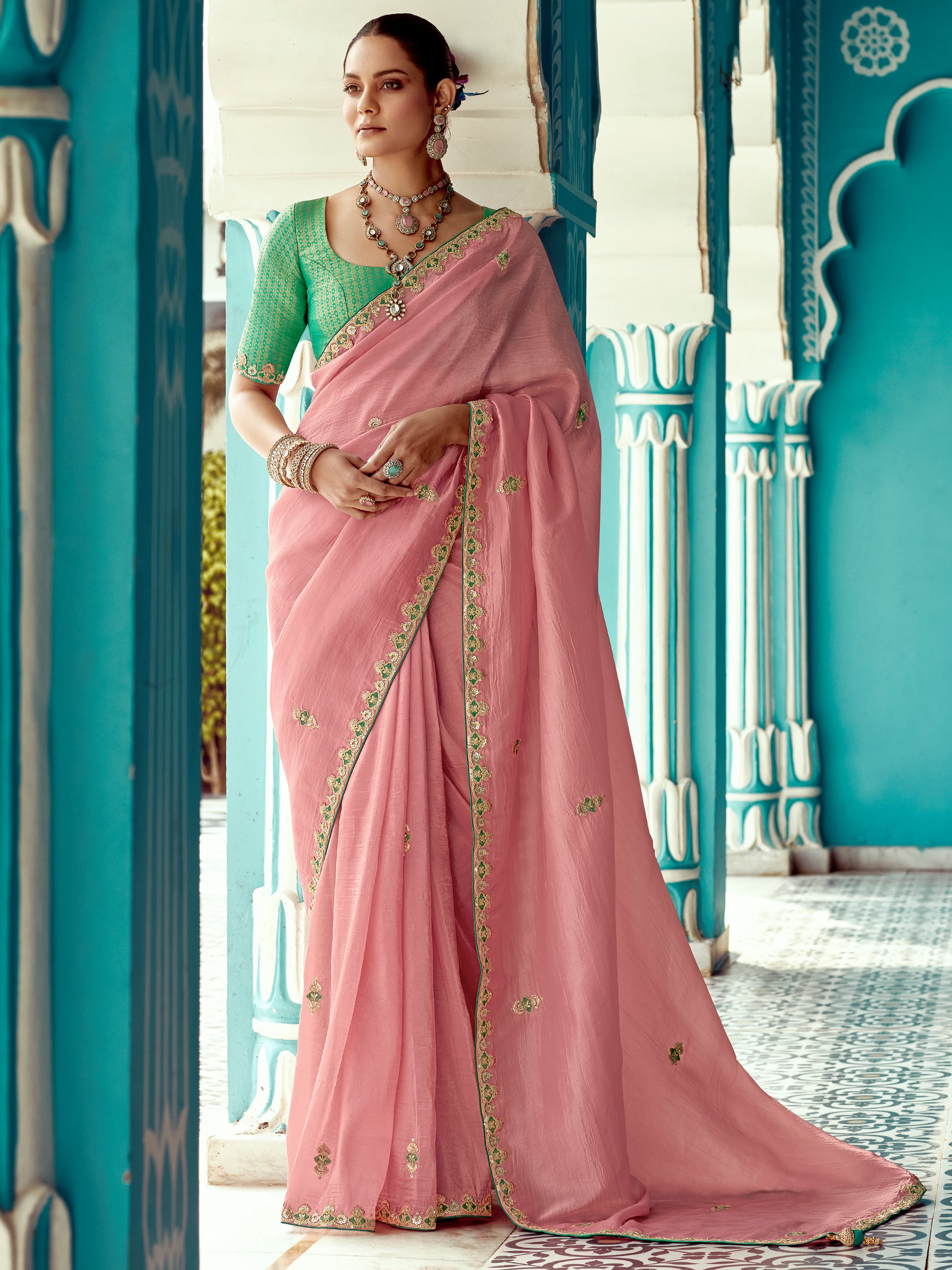 Amazing Peach Sequins Embroidered Tissue Silk Traditional Saree With Blouse
