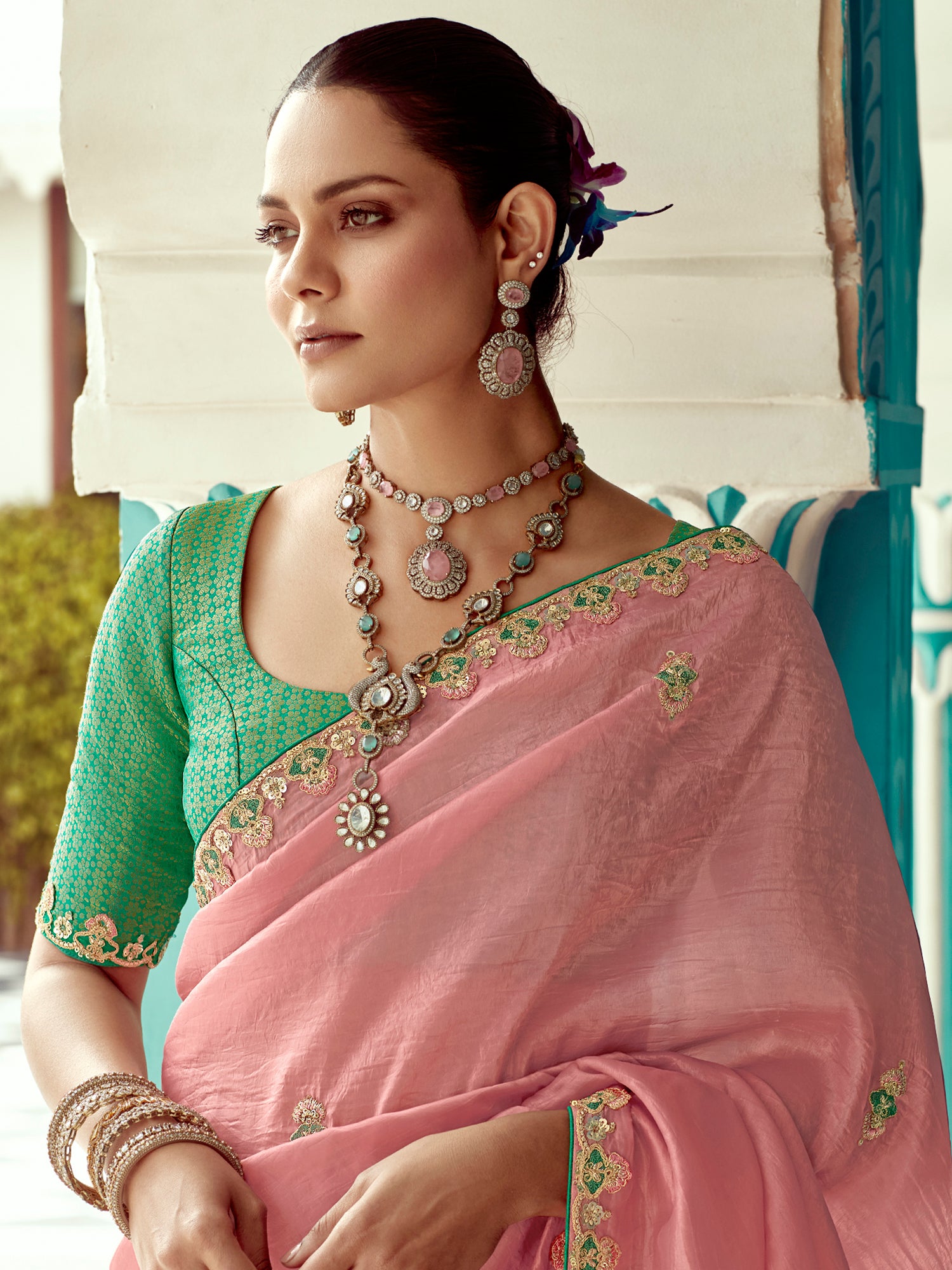 Amazing Peach Sequins Embroidered Tissue Silk Traditional Saree With Blouse
