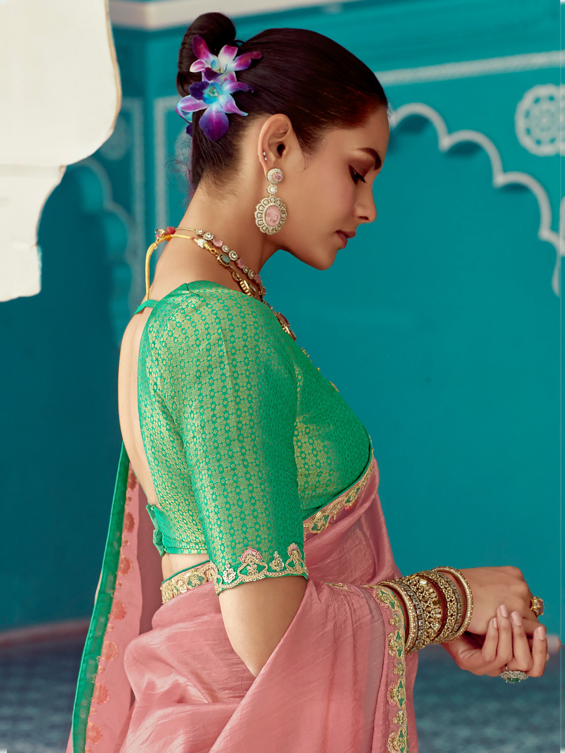 Amazing Peach Sequins Embroidered Tissue Silk Traditional Saree With Blouse