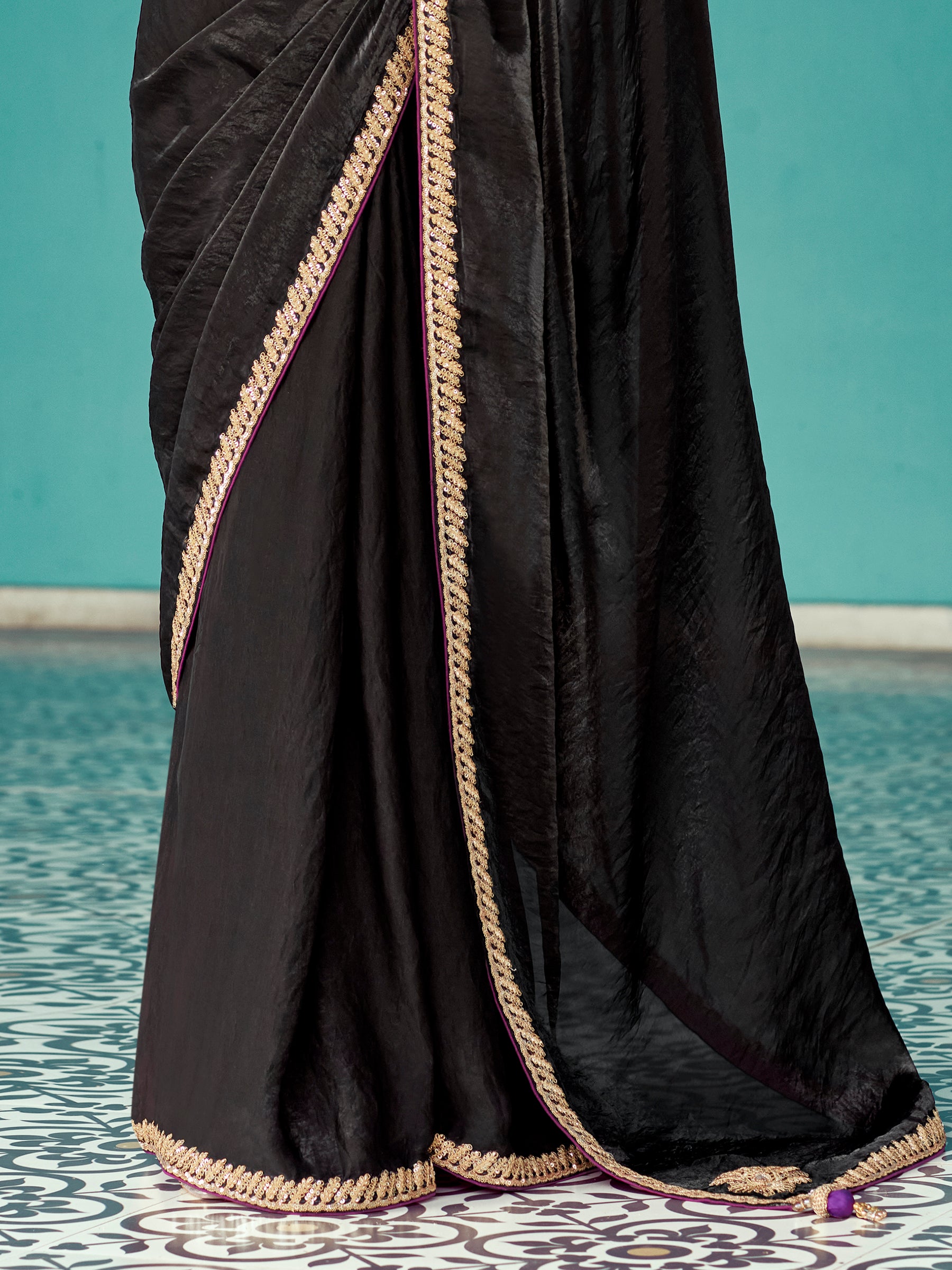 Incredible Black Sequins Embroidered Tissue Silk Party Wear Saree With Blouse